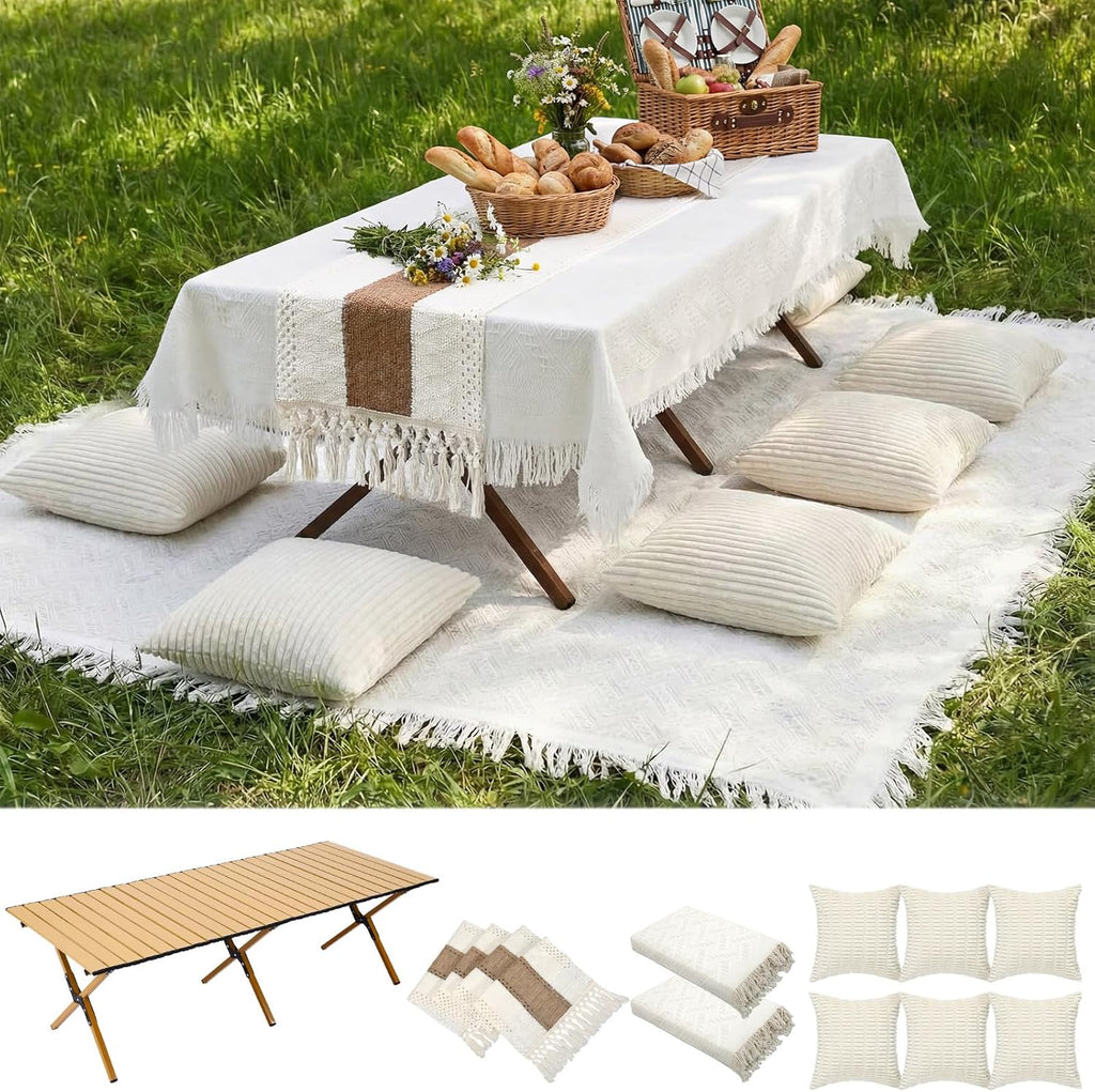 Novabright Picnic Kit Folding Picnic Table Extra Large Outdoor Boho Blanket Beige Table Runner Floor Pillow Covers Woven Cotton Oversize Washable for Camp Wedding (Cream White,Pillow Covers,10 Pcs)