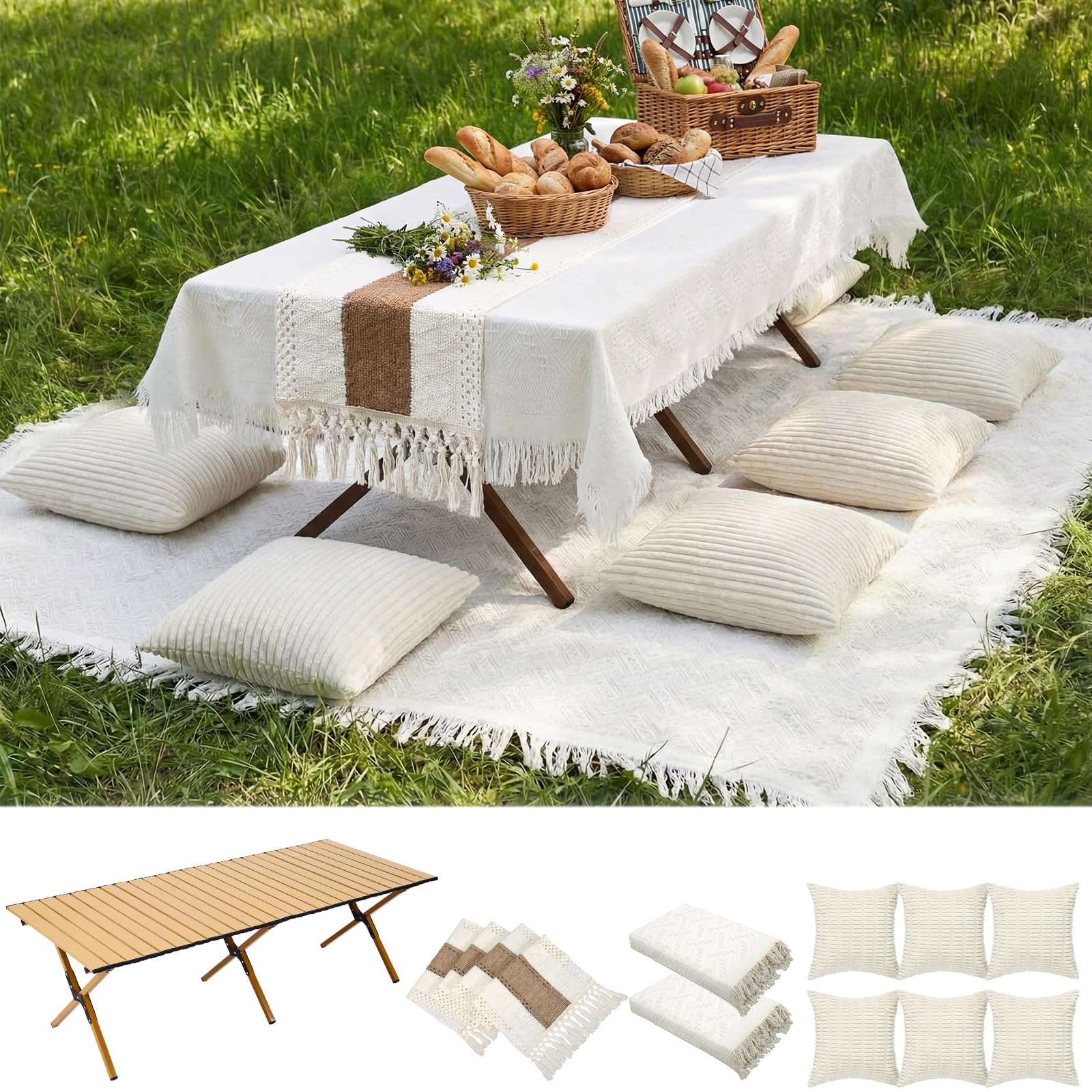 Novabright Picnic Kit Folding Picnic Table Extra Large Outdoor Boho Blanket Beige Table Runner Floor Pillow Covers Woven Cotton Oversize Washable for Camp Wedding (Cream White,Pillow Covers,10 Pcs)