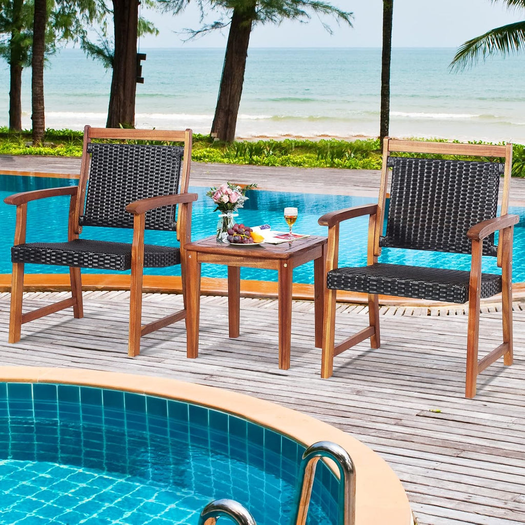 Tangkula 3-Piece Patio Acacia Wood Bistro Set, Patiojoy Outdoor Furniture Set with 2 Chairs & Side Table, Weather Resistant Rattan Garden Conversation Chair Set for Pool Side, Deck, Balcony