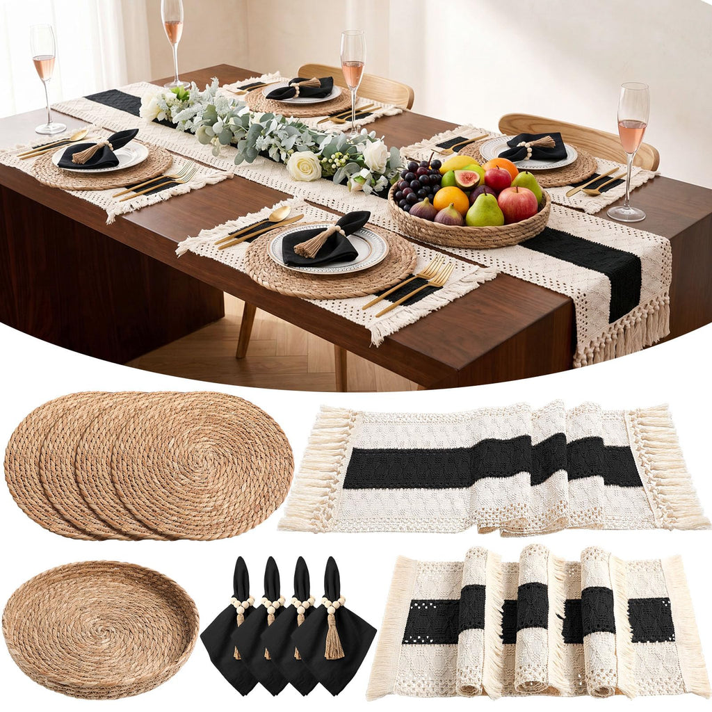 6 Sets Boho Decoration Placemats Round Woven Placemats, Cloth Napkins, Wood Bead Napkin Rings, Long Table Runner and Farmhouse Burlap Cotton for Table Kitchen (Khaki,12x72)