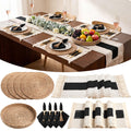 6 Sets Boho Decoration Placemats Round Woven Placemats, Cloth Napkins, Wood Bead Napkin Rings, Long Table Runner and Farmhouse Burlap Cotton for Table Kitchen (Khaki,12x72)