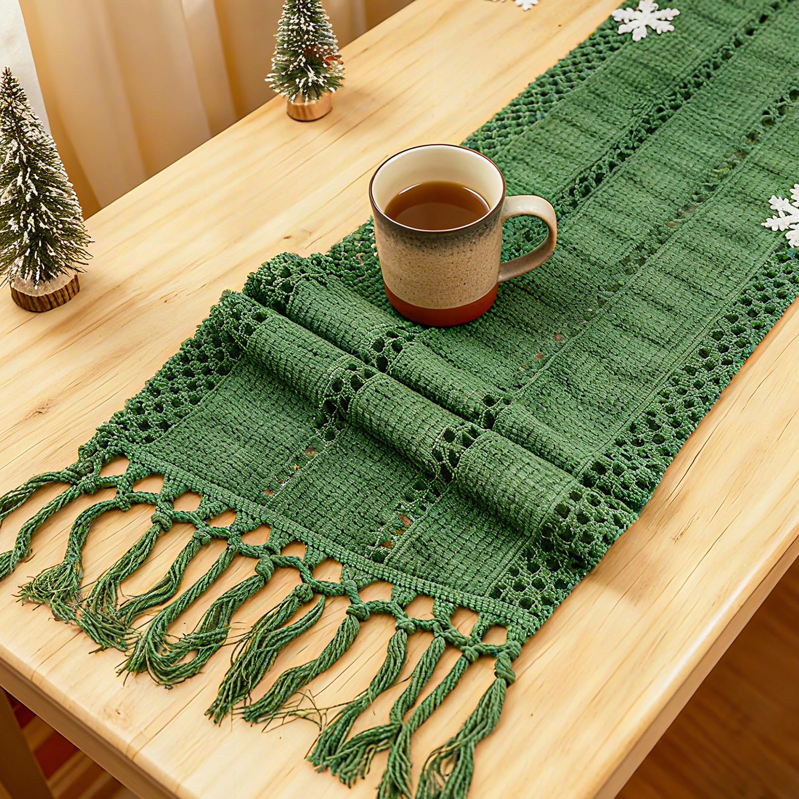Niviy Boho Table Runner for Home Decor 144 Inches Long Farmhouse Macrame Table Runner Cotton Linen Woven Table Runners for Summer Dining Table Decoration, Beige & Brown