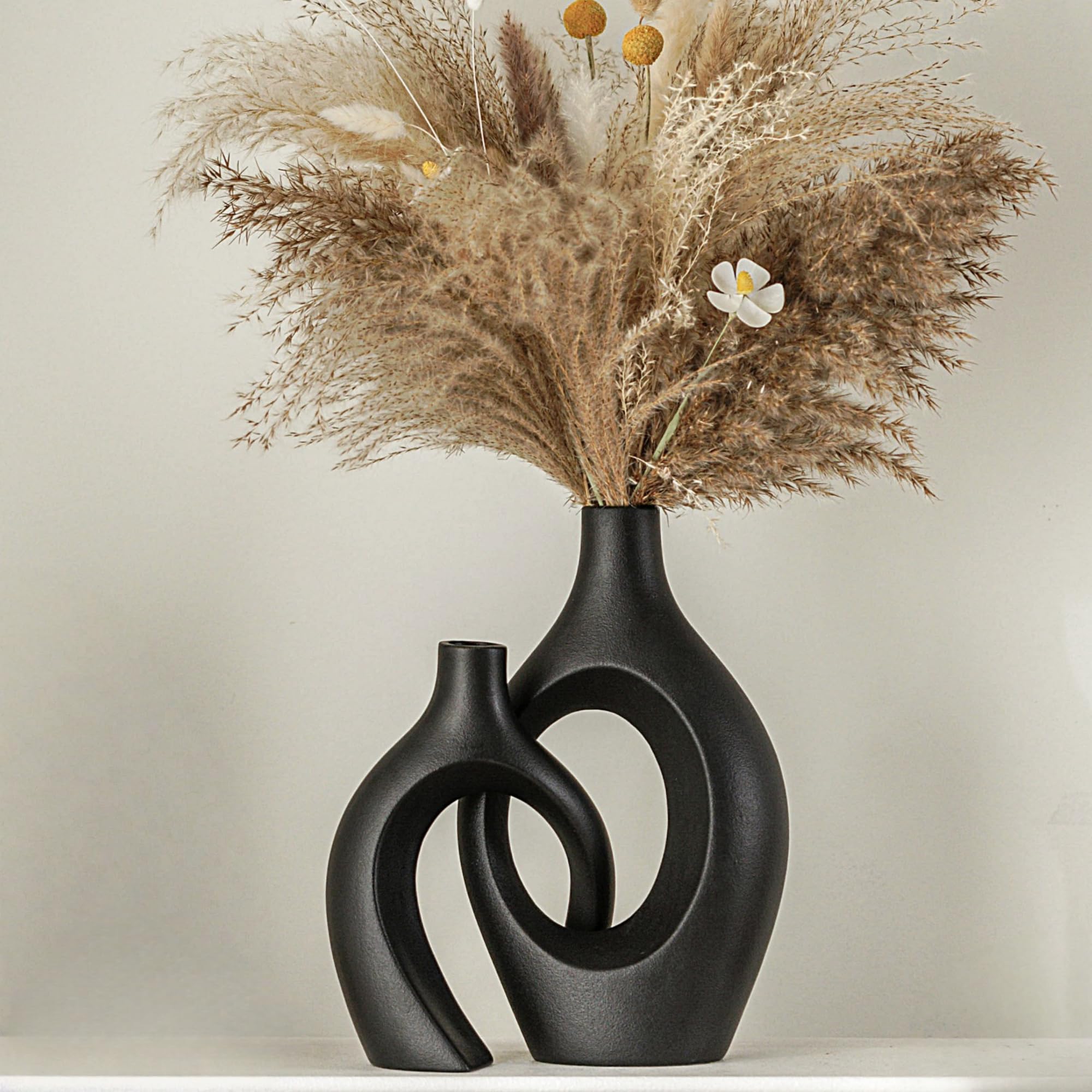 Lvases Snuggle Hollow Ceramic Vase Set of 2, Boho ins Style Round Nordic Mid Century Modern Aesthetic Decorative Vase for Home Decor (Cream W 6.8" X H 11")