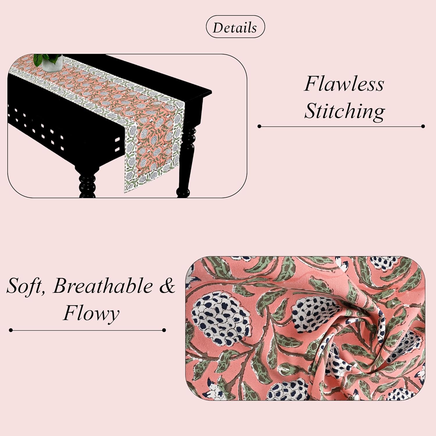 Ridhi Dark Salmon Hand Block Print 100% Cotton Reusable Table Runner 16" X 106" Inches Table Runner Decorative Everyday Use for Dining, HomeGift for Spring, Easter, Summer