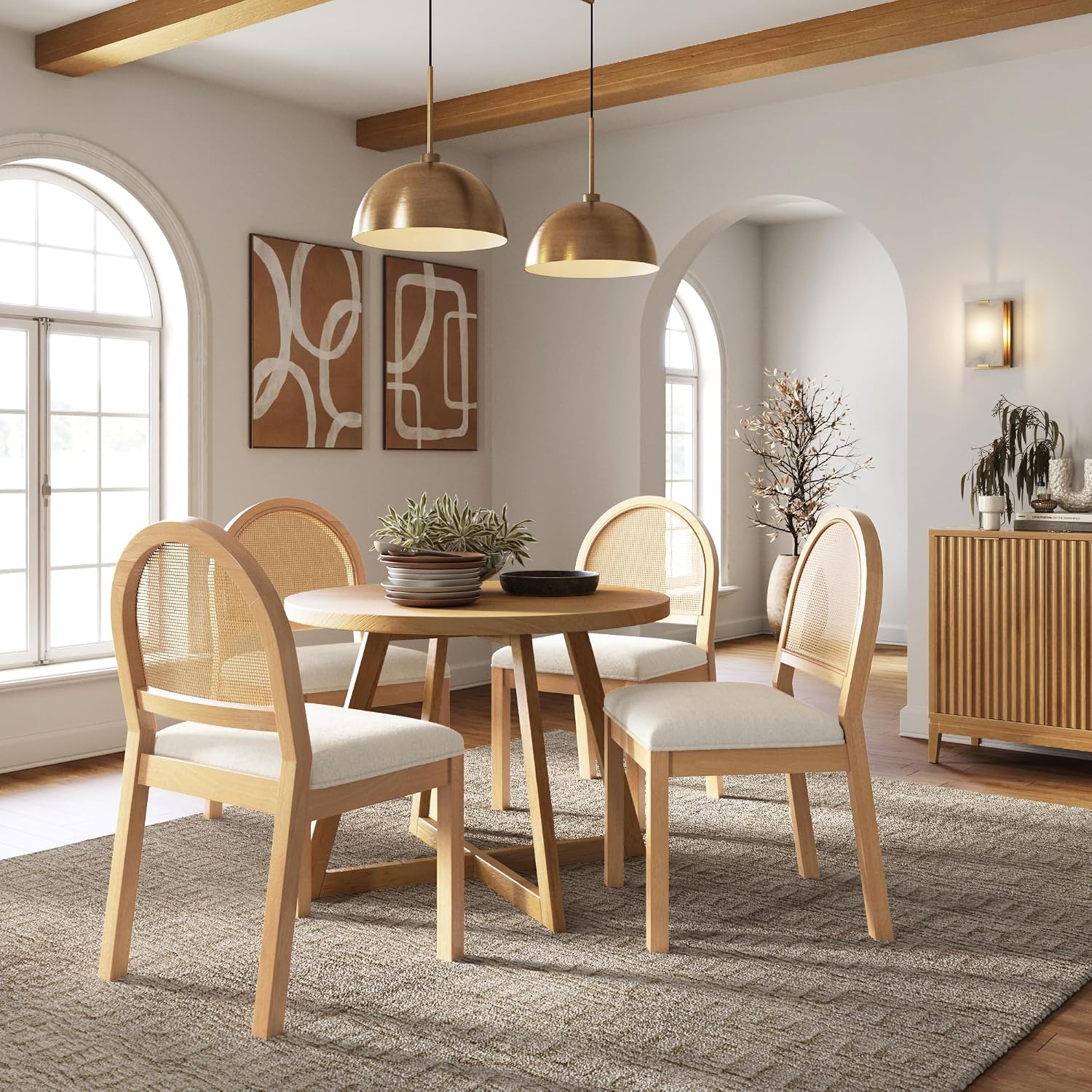 Nathan James Bailey 19 in. Boucle Dining Chair, Upholstered Side Chair with Natural Woven Rattan Back and Solid Wood Legs, Natural Brown/Rattan/Cream Boucle, Set of 4