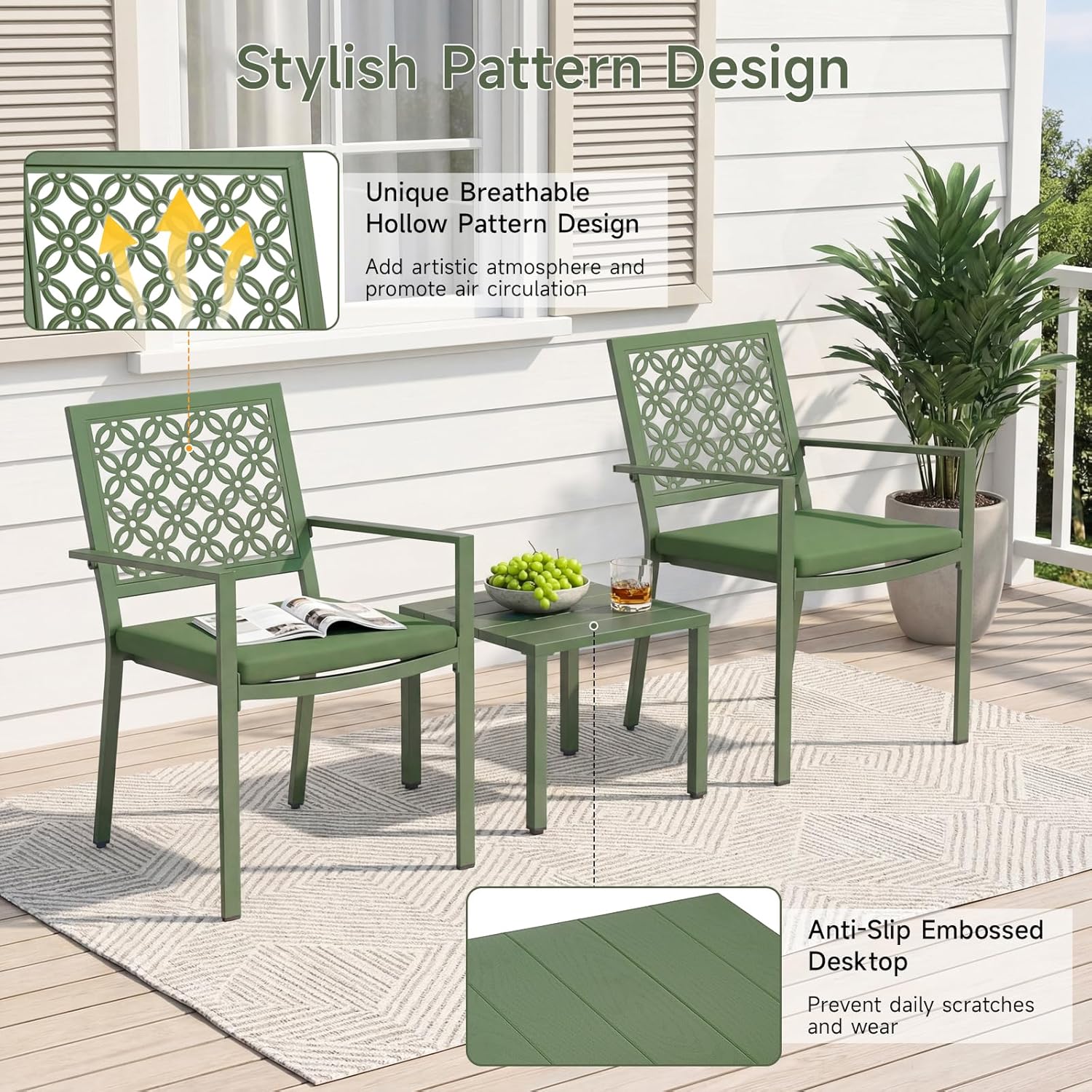 3-Piece Outdoor Bistro Set, Stackable Metal Steel Outdoor Table and Chairs, Waterproof Rustproof Patio Furniture Conversation Set for Porch Garden Balcony Backyard, Sage Green