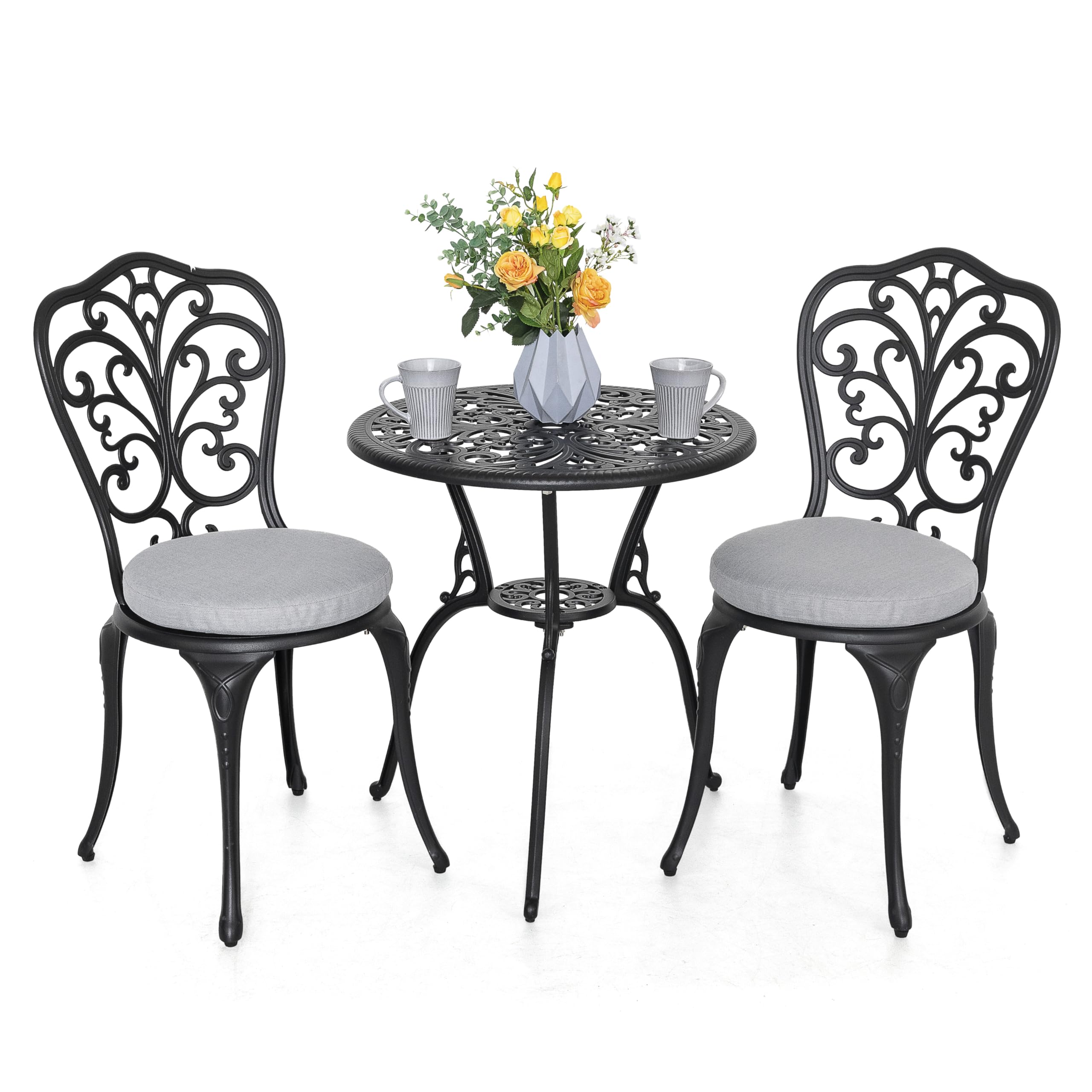 NUU GARDEN 3 Piece Outdoor Bistro Table Set, All Weather Cast Aluminum Patio Bistro Sets Patio Table and Chairs Set of 2 with Umbrella Hole for Yard, Garden, Balcony, Black