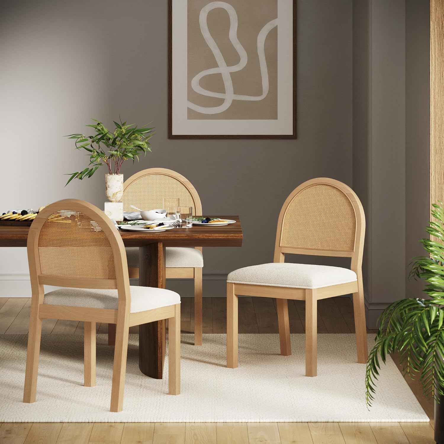 Nathan James Bailey 19 in. Boucle Dining Chair, Upholstered Side Chair with Natural Woven Rattan Back and Solid Wood Legs, Natural Brown/Rattan/Cream Boucle