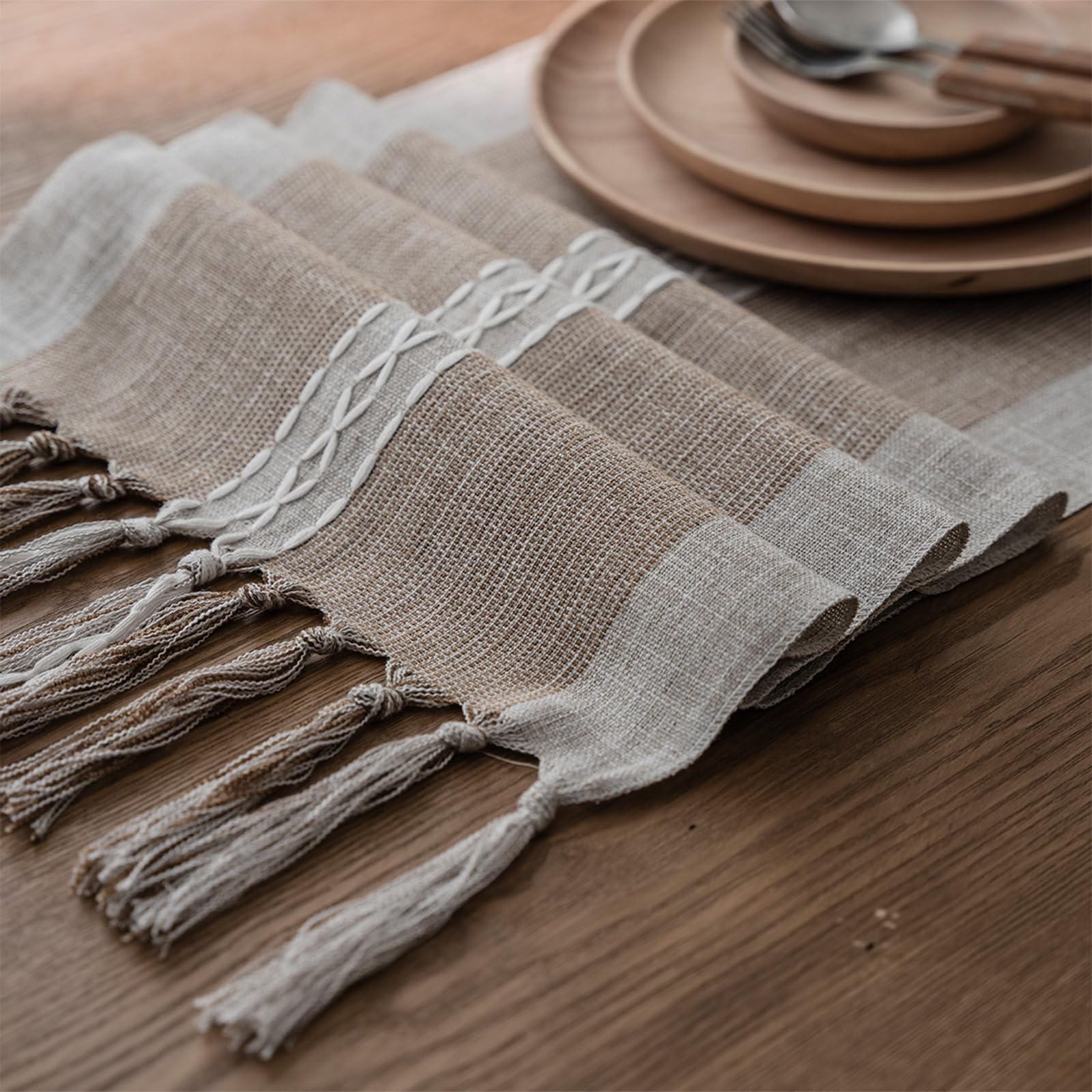 Niviy Boho Table Runner for Home Decor 144 Inches Long Farmhouse Macrame Table Runner Cotton Linen Woven Table Runners for Summer Dining Table Decoration, Beige & Brown