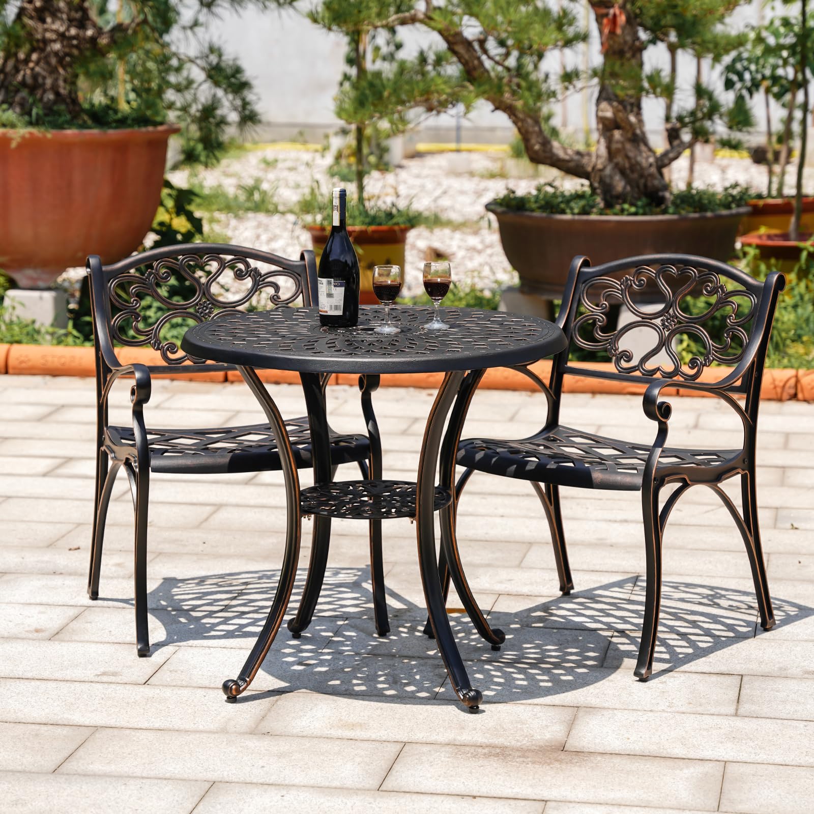 Outdoor Bistro Table and Chairs Set of 2, White Metal Patio Bistro Set, Cast Aluminum Bistro Set 3 Piece Outdoor with Umbrella Hole, 3 Piece Outdoor Bistro Set for Balcony Garden Porch