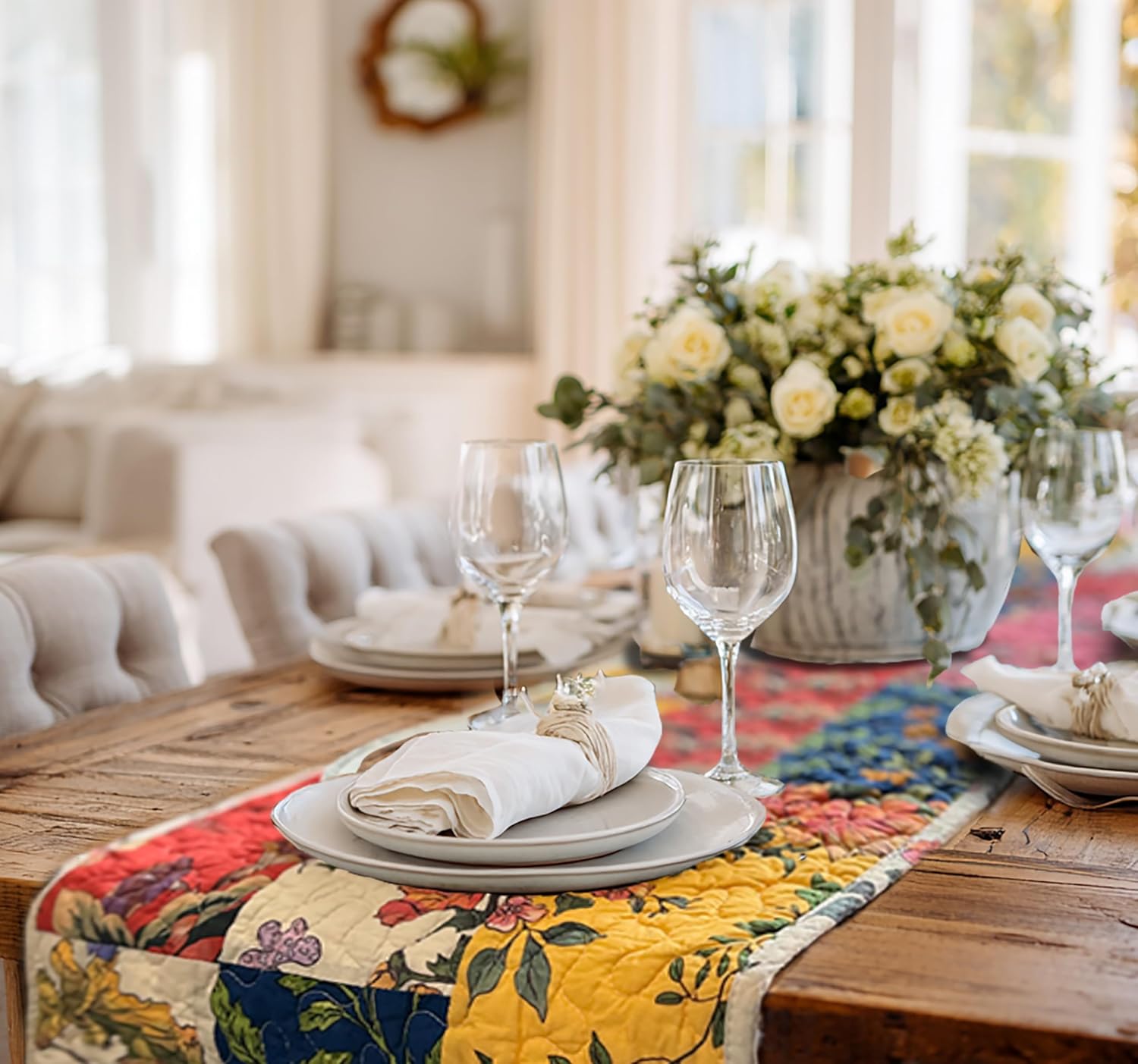 Quilted Cotton Patchwork Floral Table Runner – Reversible Vintage Farmhouse Table Runner, 13" x 72" for Dining Table, Coffee Table & Buffet