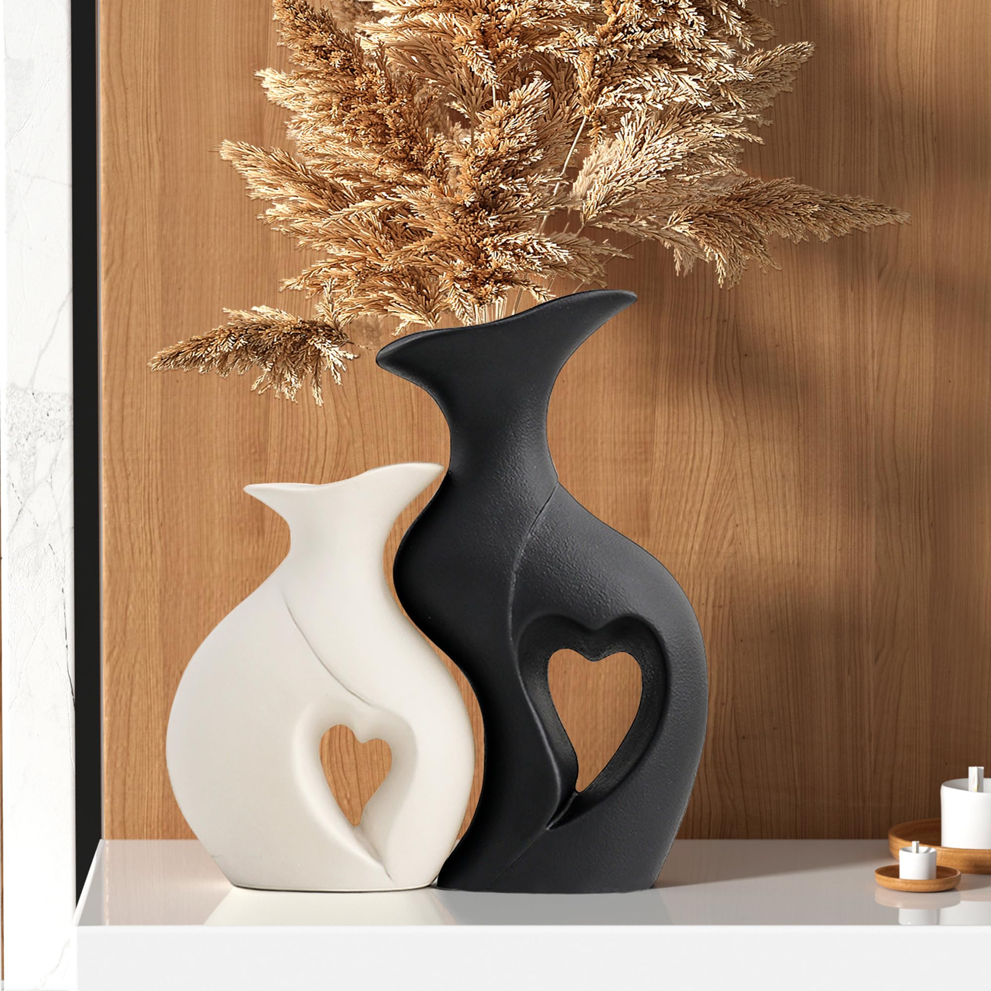 XL Black and White Vase Set of 2,Heart Shaped Ceramic Vases Home Decor,Minimalist Decorative Vases,Modern Home Decor for Wedding Dining Living Room Office Coffee Table Centerpiece