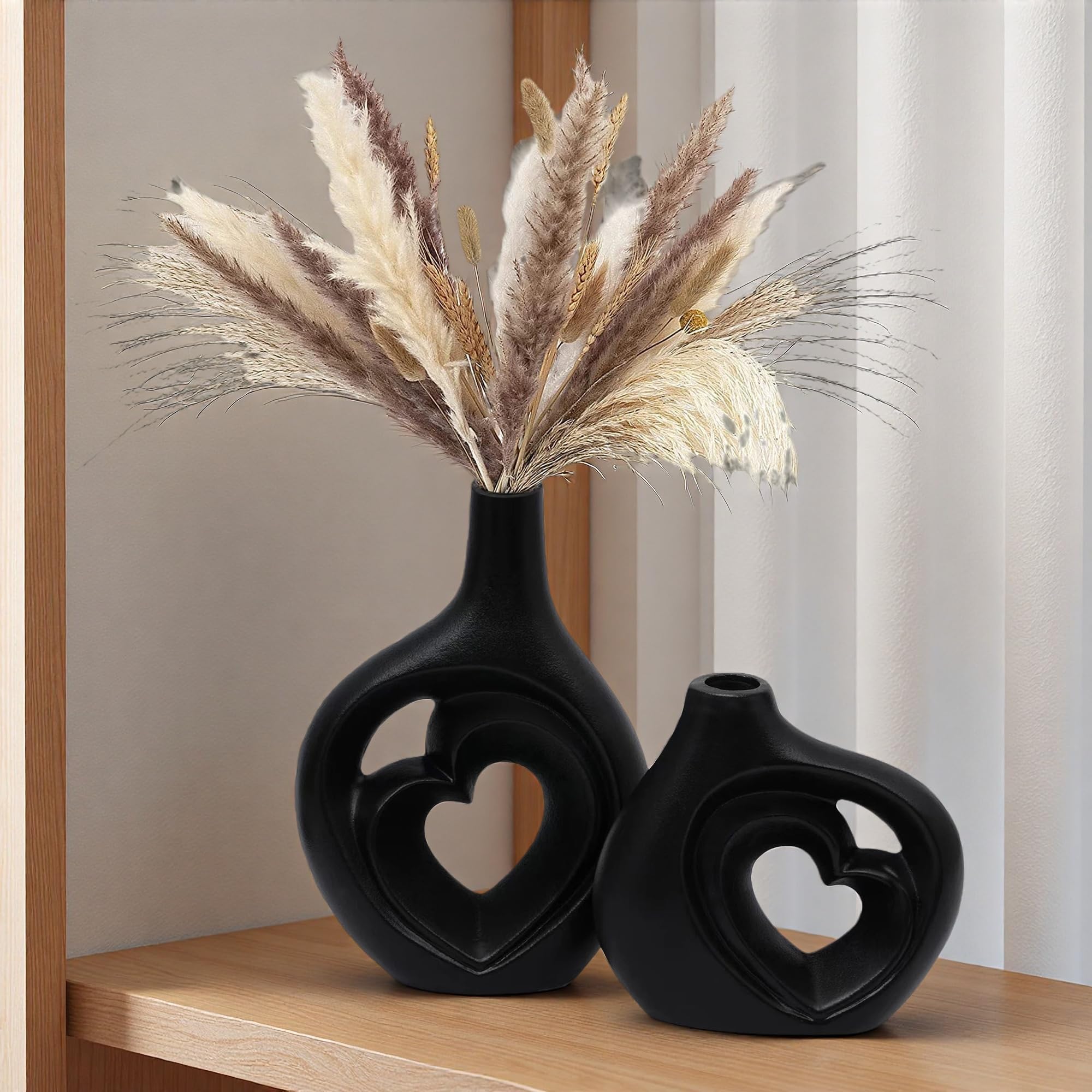 XL Black and White Vase Set of 2,Heart Shaped Ceramic Vases Home Decor,Minimalist Decorative Vases,Modern Home Decor for Wedding Dining Living Room Office Coffee Table Centerpiece