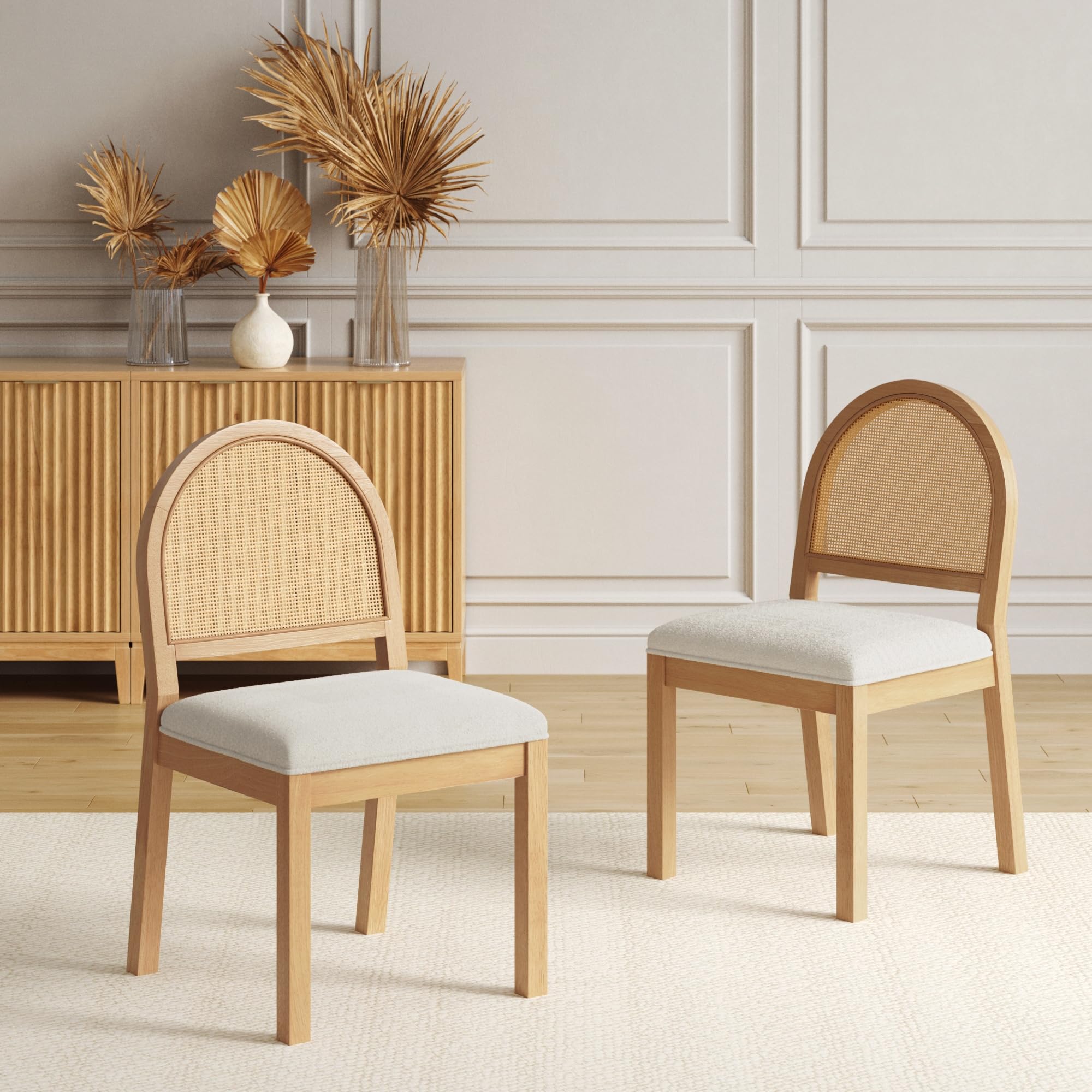 Nathan James Bailey 19 in. Boucle Dining Chair, Upholstered Side Chair with Natural Woven Rattan Back and Solid Wood Legs, Natural Brown/Rattan/Cream Boucle, Set of 4