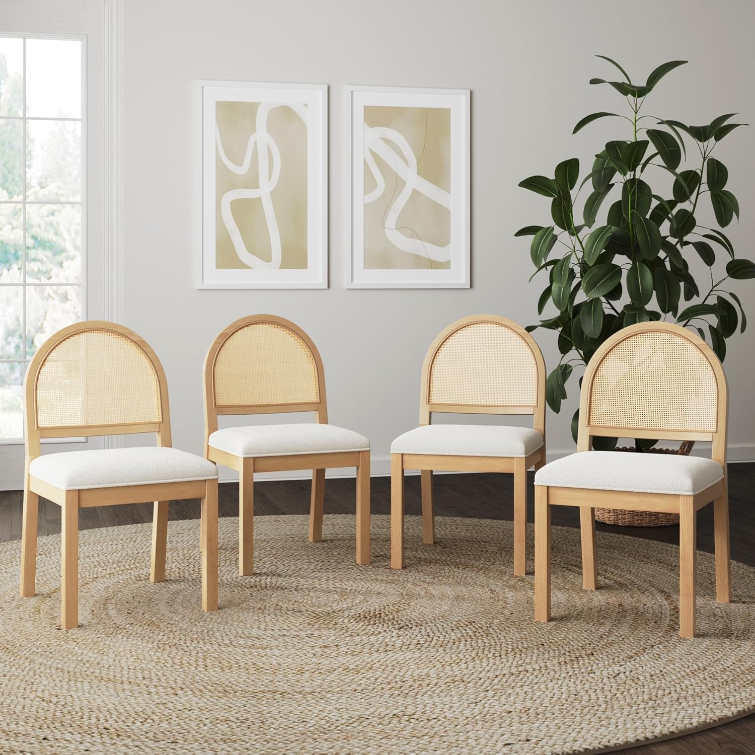 Nathan James Bailey 19 in. Boucle Dining Chair, Upholstered Side Chair with Natural Woven Rattan Back and Solid Wood Legs, Natural Brown/Rattan/Cream Boucle, Set of 4