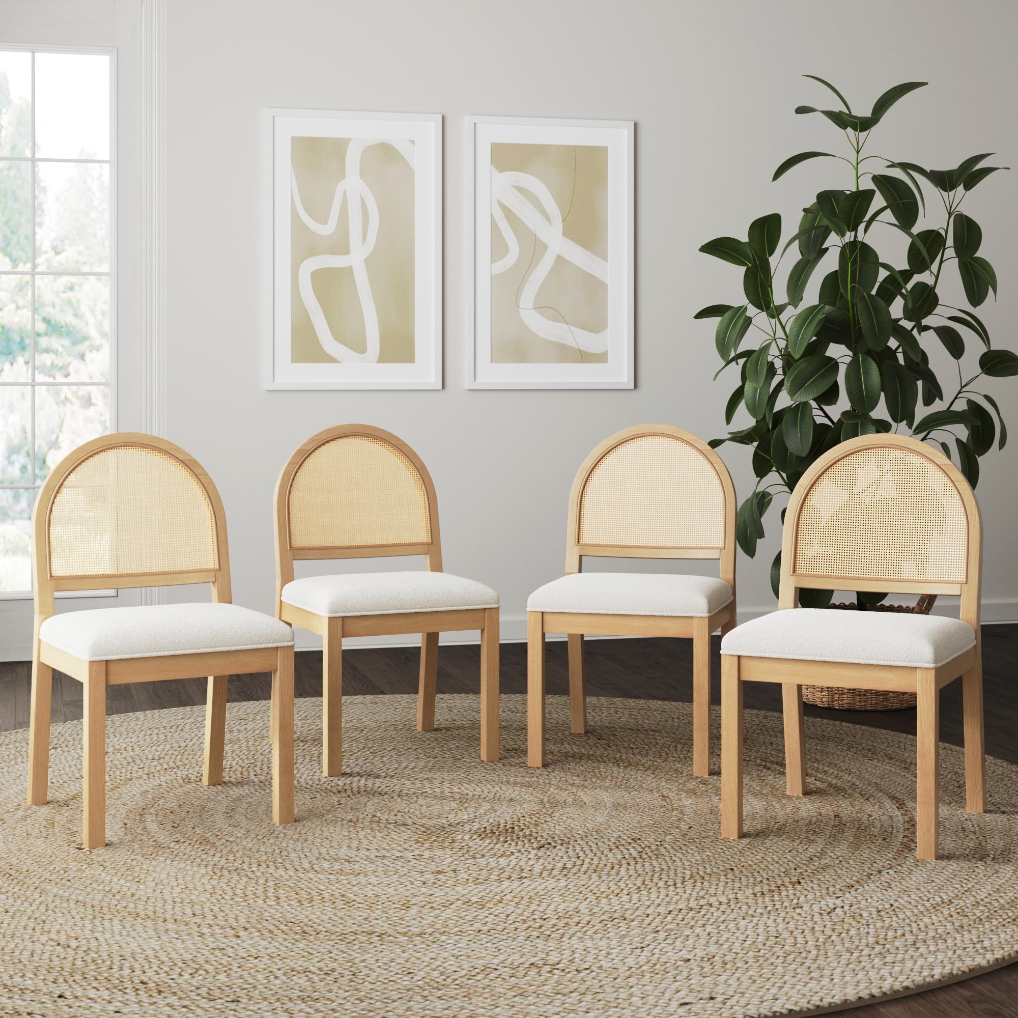 Nathan James Bailey 19 in. Boucle Dining Chair, Upholstered Side Chair with Natural Woven Rattan Back and Solid Wood Legs, Natural Brown/Rattan/Cream Boucle, Set of 4
