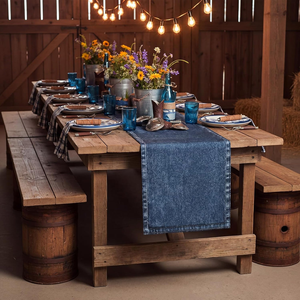 Mindsoft 10 Pcs Blue Jean Table Runners 13x72 Inches Blue Jean Baby Shower Decorations Denim Jeans Decorative Table Runners for Denim and Diamonds Bachelorette Engagement Wedding Decor Celebration