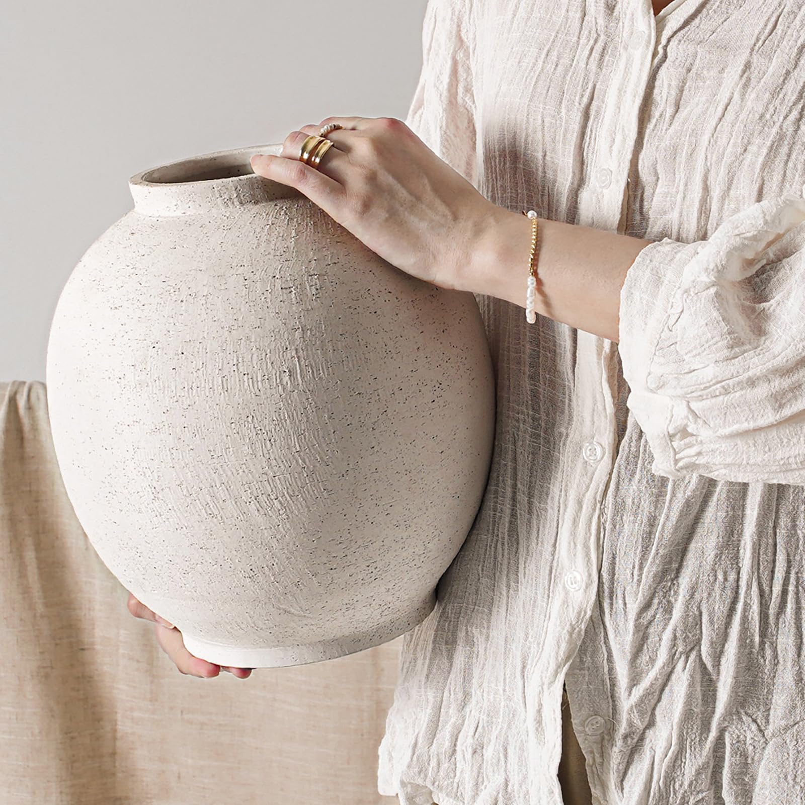 White Ceramic Vase - Large 12.5 Inch Round Floor Vase for Centerpieces, Farmhouse Flower Vases, Rustic Minimalist Home Decor (Sandstone White)