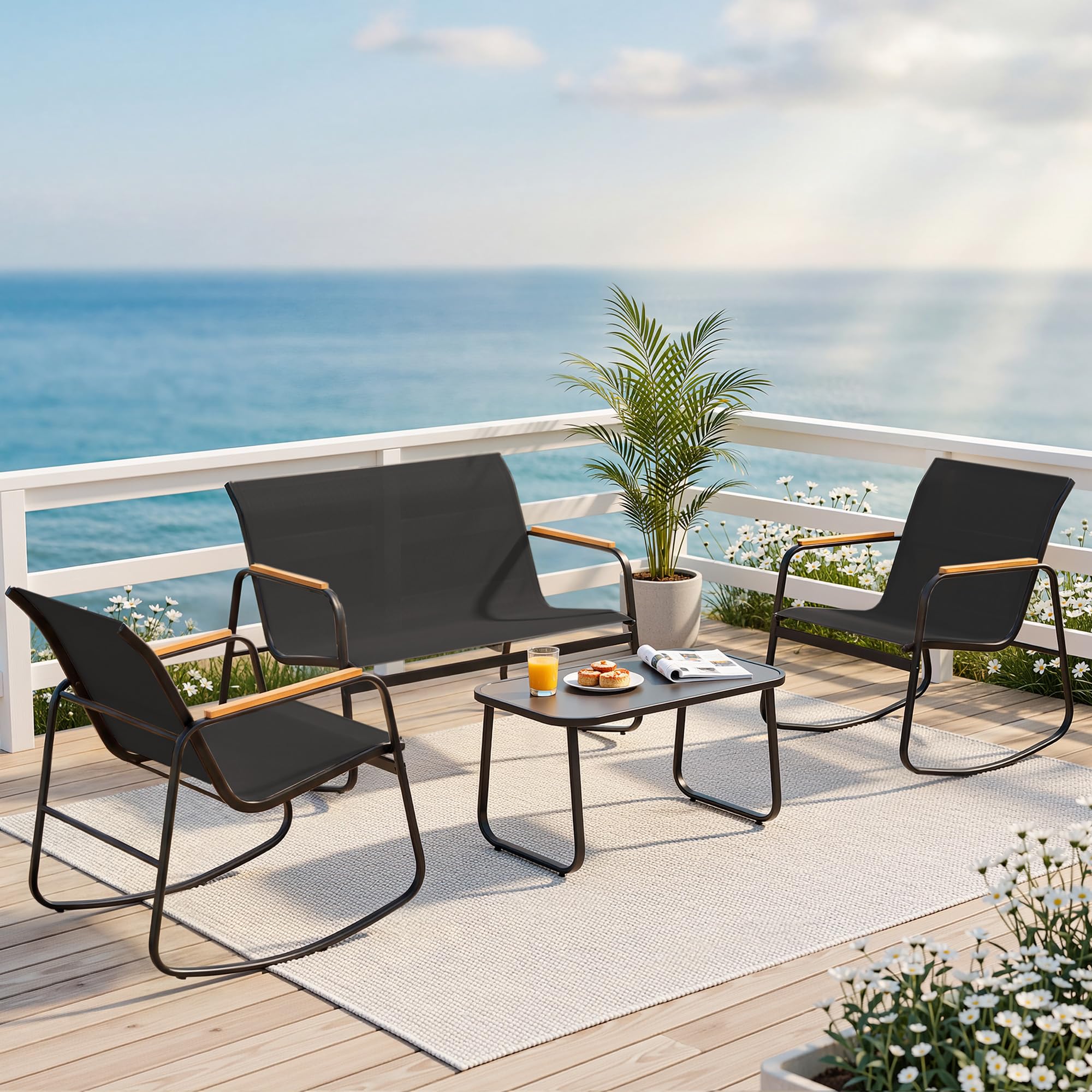 DWVO 3 Piece Patio Furniture Set, Durable Textilene Patio Set with Rocking Chairs Set of 2 & Tempered Glass Table for Garden, Balcony & Poolside, Black