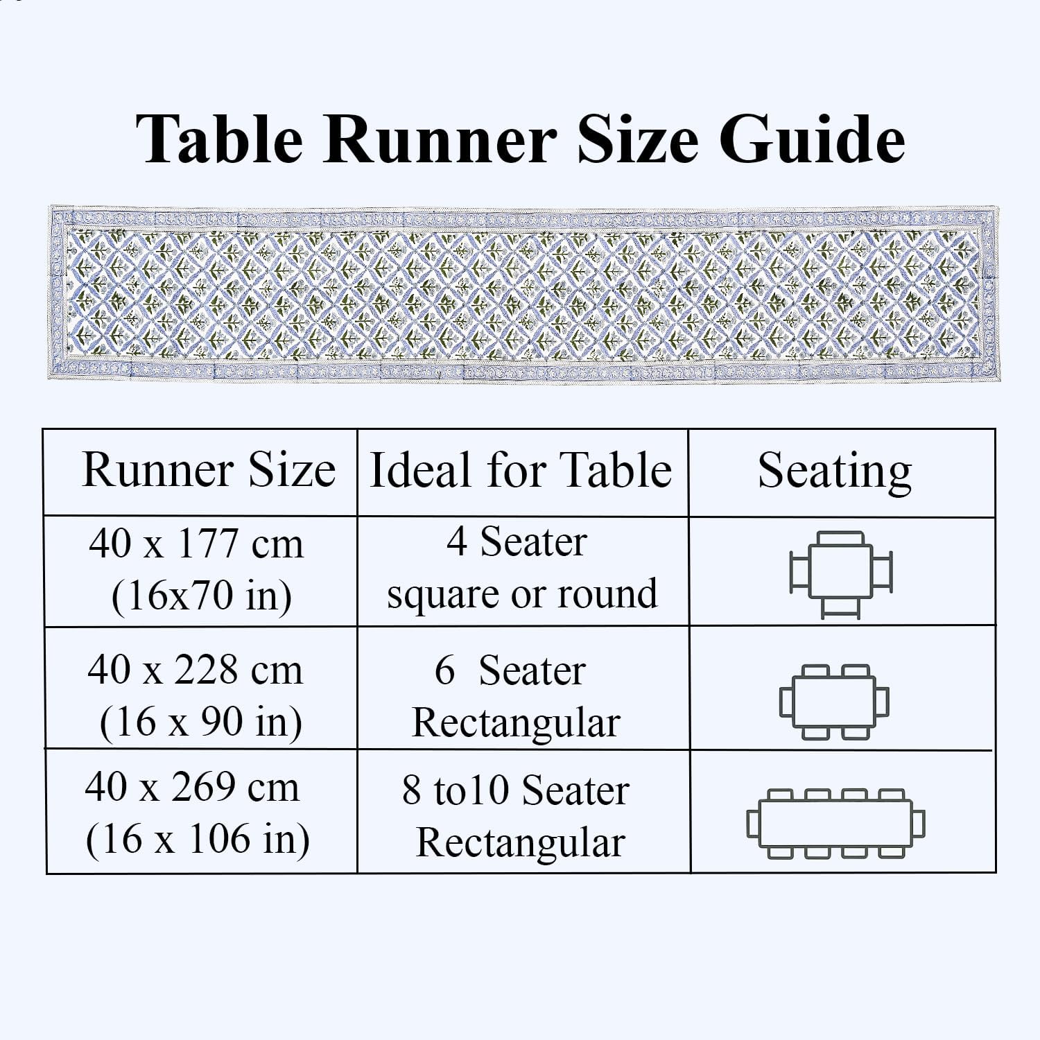 Ridhi Light Steel Blue Hand Block Print 100% Cotton Reusable Table Runner 16" X 90" Inches Table Runner Decorative Everyday Use for Dining, Home Gift for Spring, Easter, Valentine