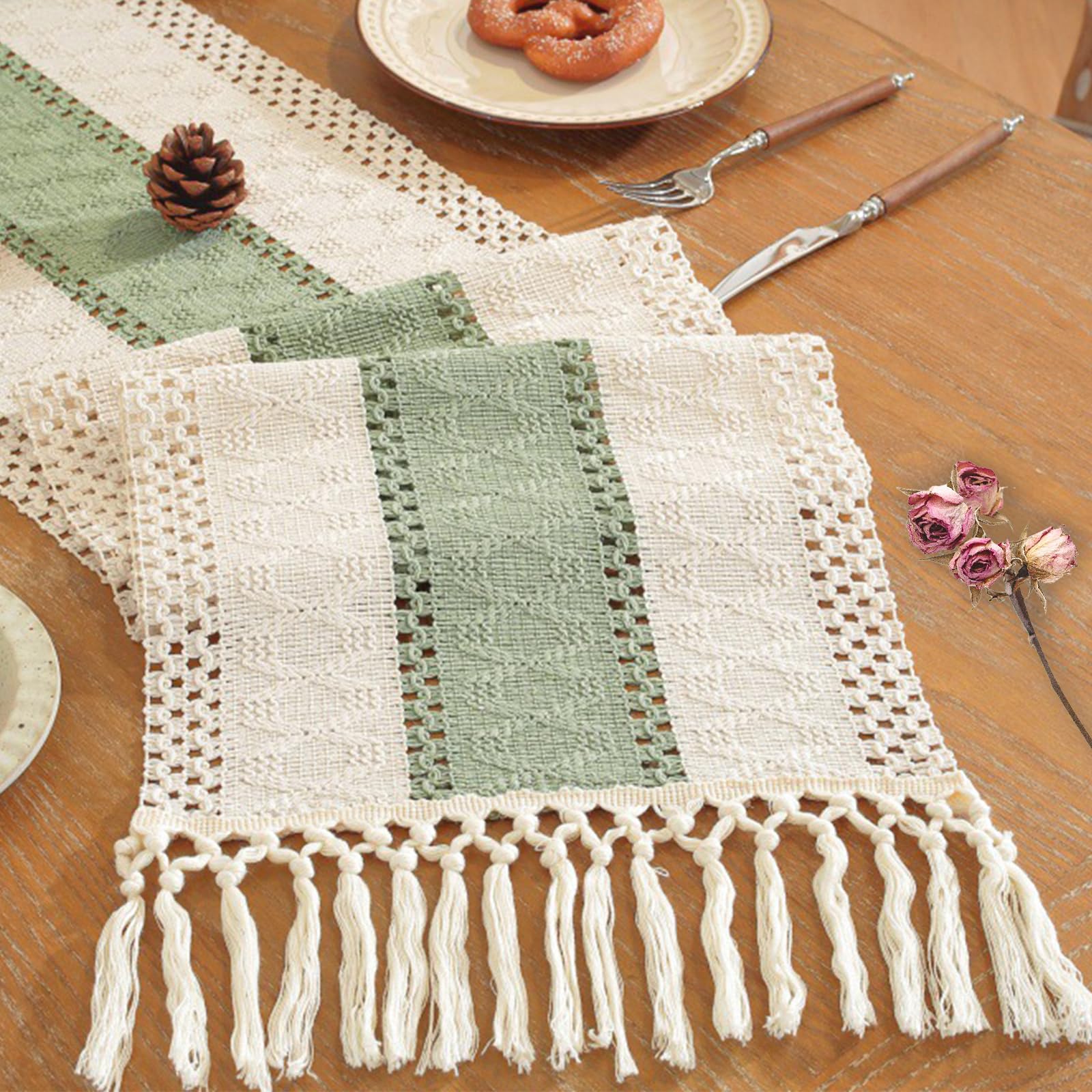 Niviy Boho Table Runner for Home Decor 144 Inches Long Farmhouse Macrame Table Runner Cotton Linen Woven Table Runners for Summer Dining Table Decoration, Beige & Brown
