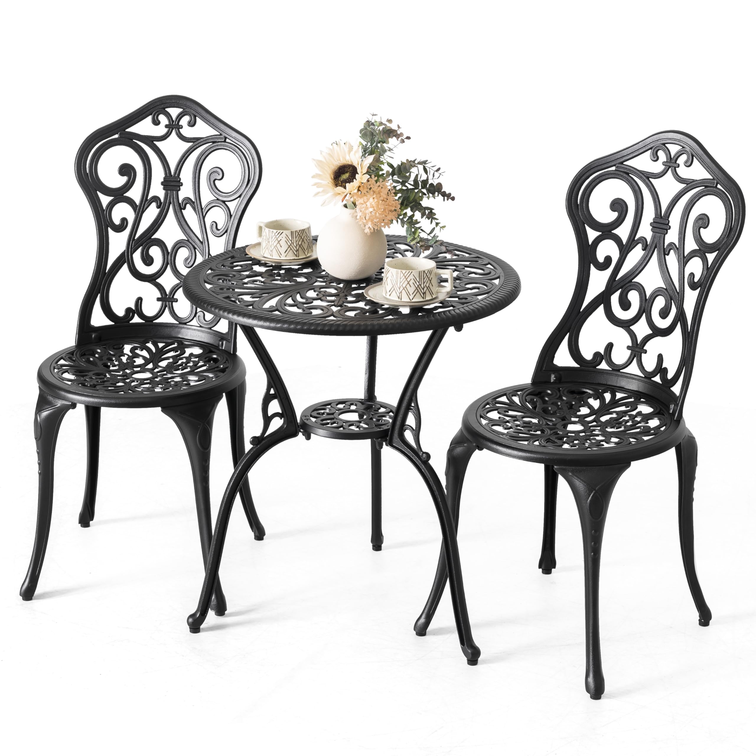 NUU GARDEN 3 Piece Outdoor Bistro Table Set, All Weather Cast Aluminum Patio Bistro Sets Patio Table and Chairs Set of 2 with Umbrella Hole for Yard, Garden, Balcony, Black
