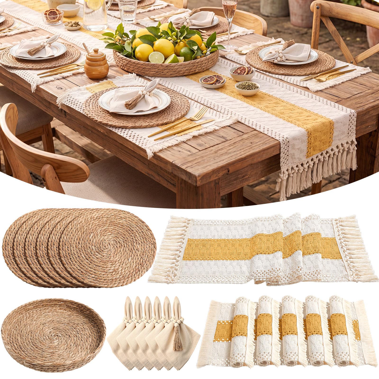 6 Sets Boho Decoration Placemats Round Woven Placemats, Cloth Napkins, Wood Bead Napkin Rings, Long Table Runner and Farmhouse Burlap Cotton for Table Kitchen (Khaki,12x72)