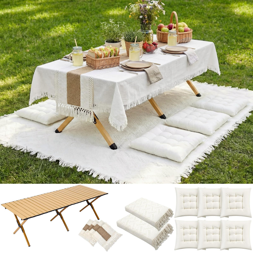 Novabright Picnic Kit Folding Picnic Table Extra Large Outdoor Boho Blanket Beige Table Runner Floor Pillow Covers Woven Cotton Oversize Washable for Camp Wedding (Cream White,Pillow Covers,10 Pcs)