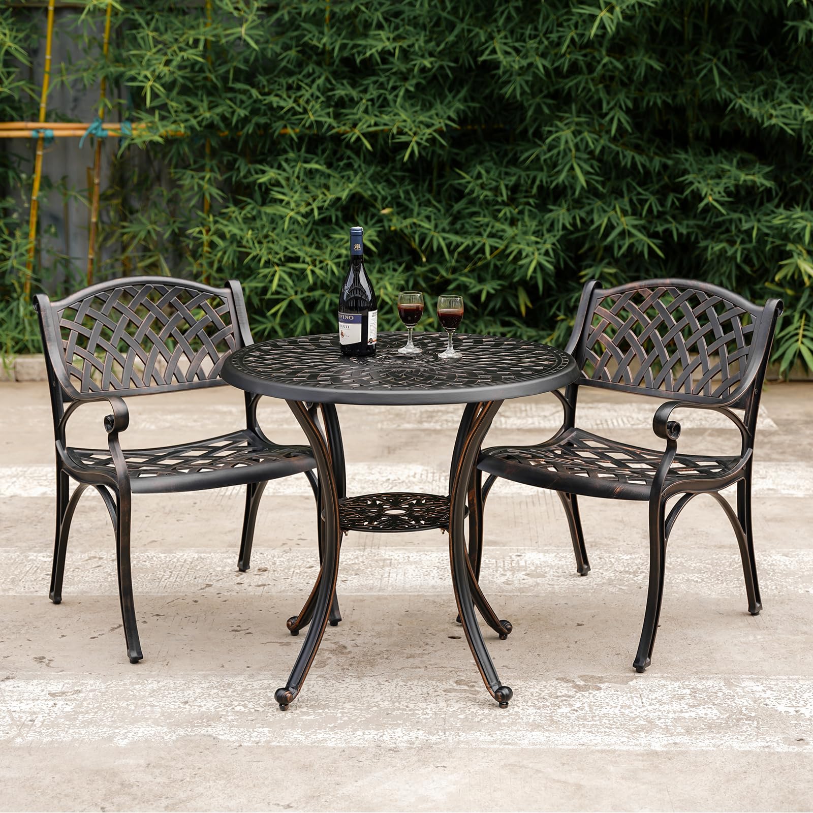 Outdoor Bistro Table and Chairs Set of 2, White Metal Patio Bistro Set, Cast Aluminum Bistro Set 3 Piece Outdoor with Umbrella Hole, 3 Piece Outdoor Bistro Set for Balcony Garden Porch