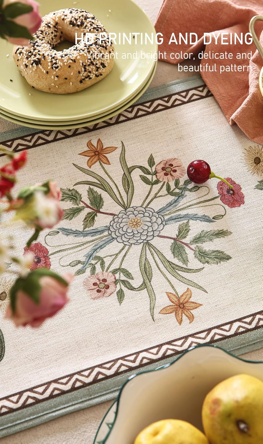 ISAENNE Designer French Country Linen Table Runner 71 Inches Long,Elegant Colorful Floral Pattern Table Runners for Dining Tables,Thanksgiving,Christmas,Kitchen Decor,12"*71"-Serenity F