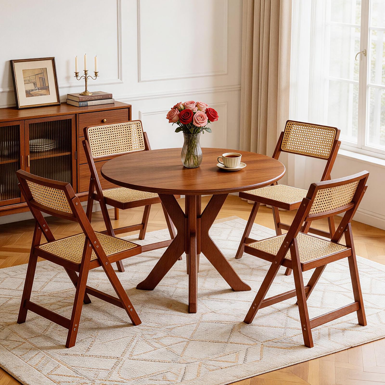 Set of 2 Walnut Mid-Century Modern Rattan Folding Patio Dining Chairs with Adjustable Backrest for Balcony, Porch, Deck & Backyard
