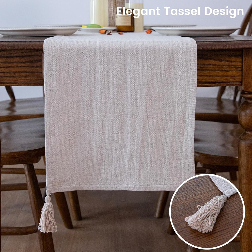 Simple&Opulence Linen Cotton Table Runner, Farmhouse Table Runner with Tassels for Bohemian Rustic Wedding, Bridal Shower, Dinner （14 x 120 Inch - Linen ）