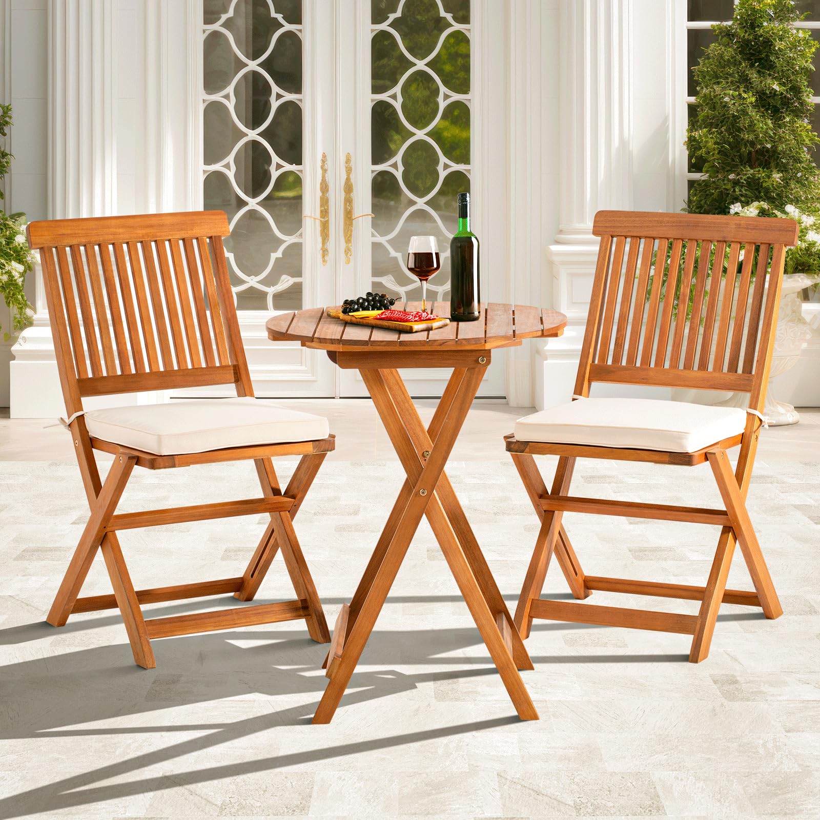 Idzo Heavy Duty 400lbs Capacity Patio Bistro Set 3 Piece Outdoor, Folding Chairs w/Cushion, Square Table, FSC-Certified Acacia Wood, Space-Saving Design for Balcony, Garden and Porch - Upgrade