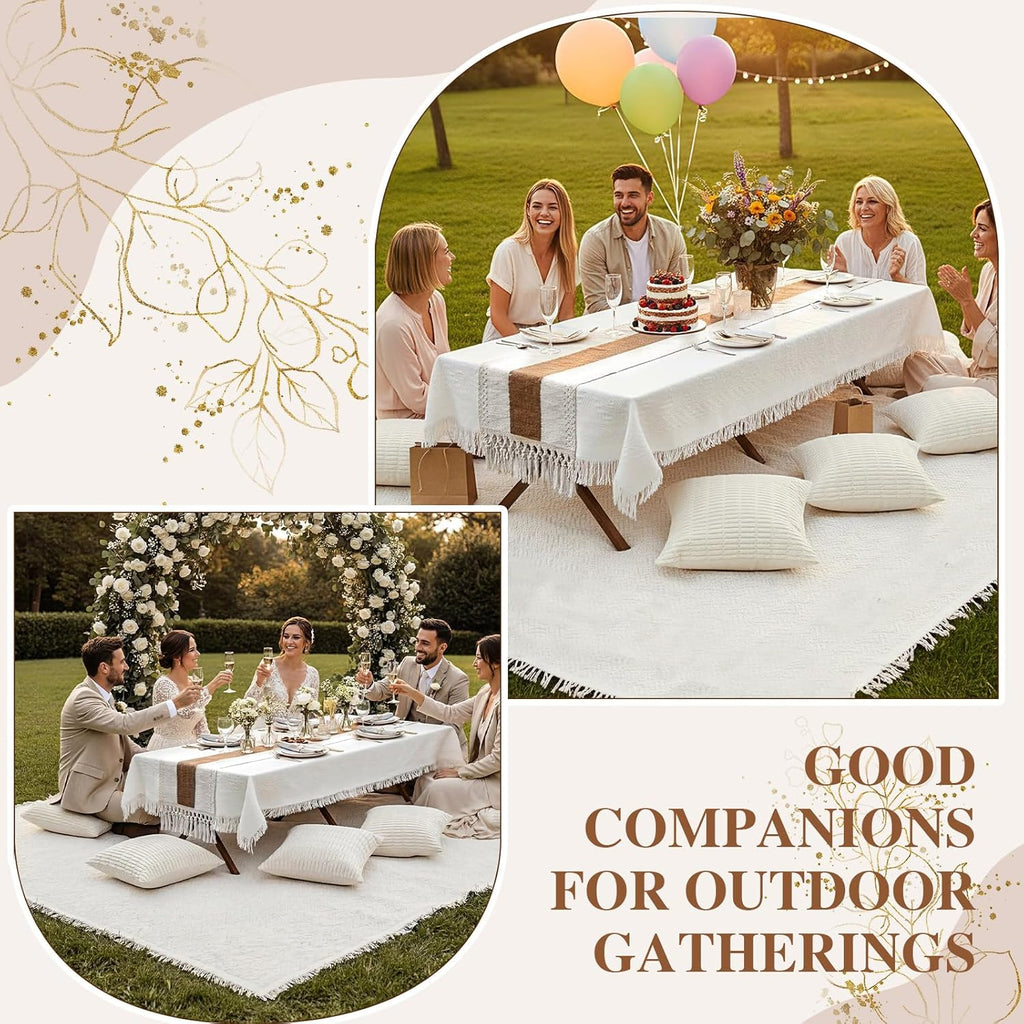Novabright Picnic Kit Folding Picnic Table Extra Large Outdoor Boho Blanket Beige Table Runner Floor Pillow Covers Woven Cotton Oversize Washable for Camp Wedding (Cream White,Pillow Covers,10 Pcs)