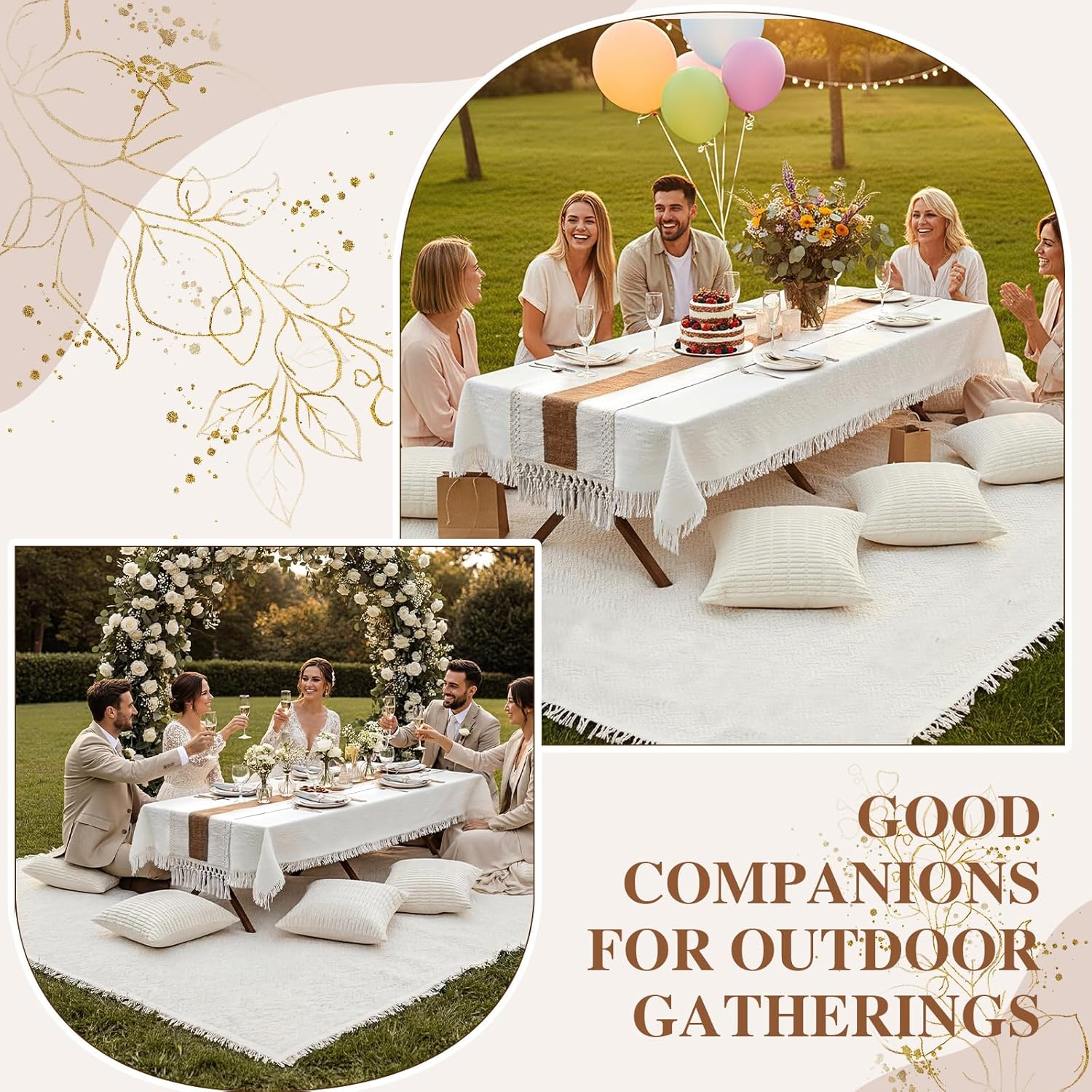 Novabright Picnic Kit Folding Picnic Table Extra Large Outdoor Boho Blanket Beige Table Runner Floor Pillow Covers Woven Cotton Oversize Washable for Camp Wedding (Cream White,Pillow Covers,10 Pcs)