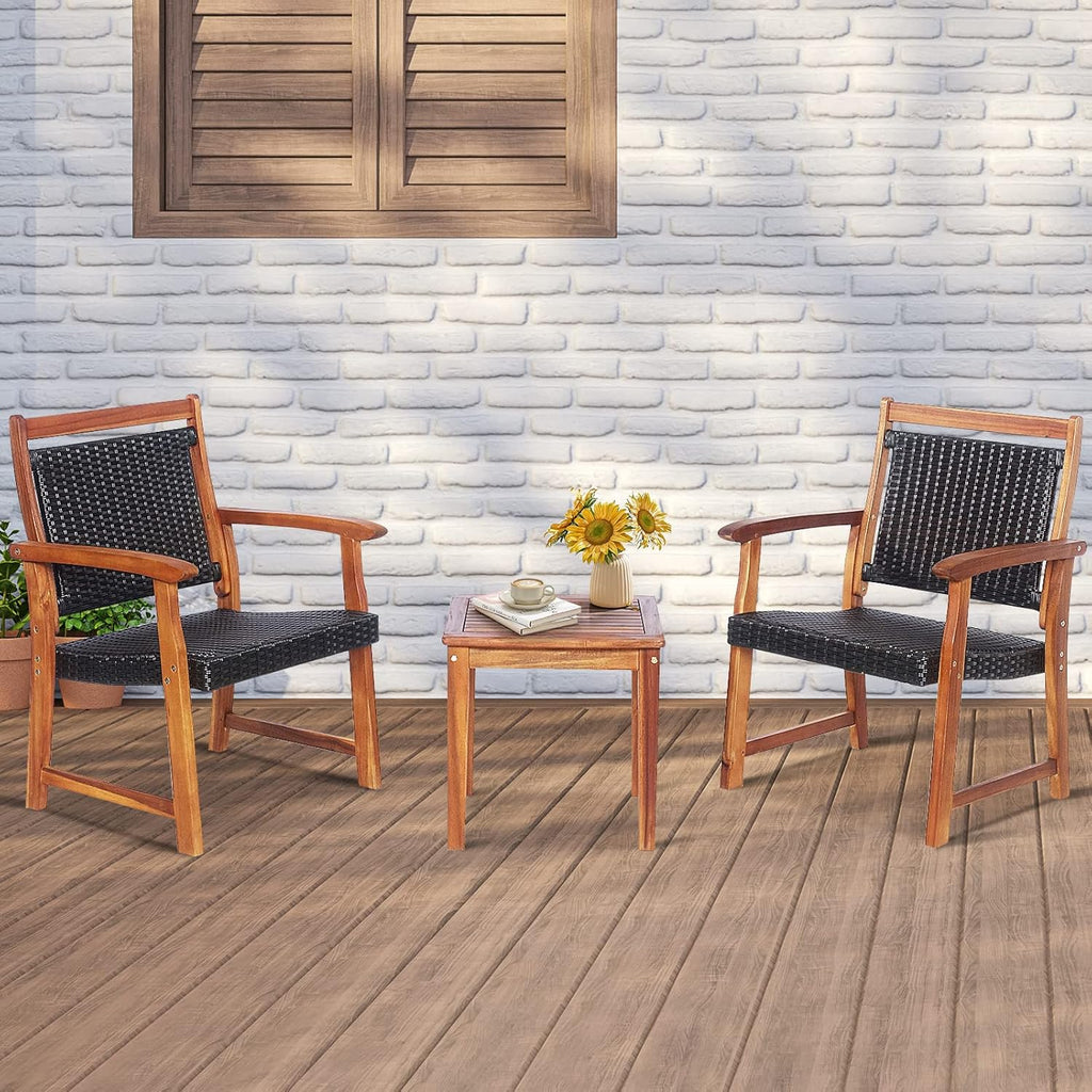 Tangkula 3-Piece Patio Acacia Wood Bistro Set, Patiojoy Outdoor Furniture Set with 2 Chairs & Side Table, Weather Resistant Rattan Garden Conversation Chair Set for Pool Side, Deck, Balcony