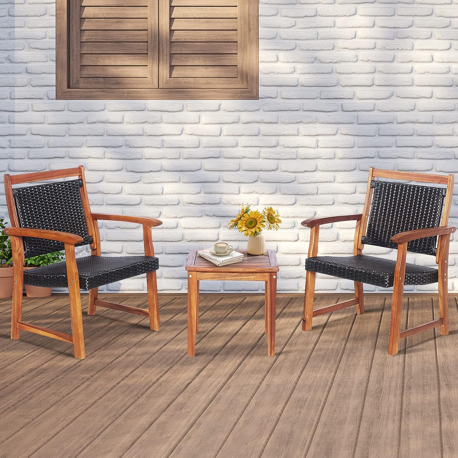 Tangkula 3-Piece Patio Acacia Wood Bistro Set, Patiojoy Outdoor Furniture Set with 2 Chairs & Side Table, Weather Resistant Rattan Garden Conversation Chair Set for Pool Side, Deck, Balcony