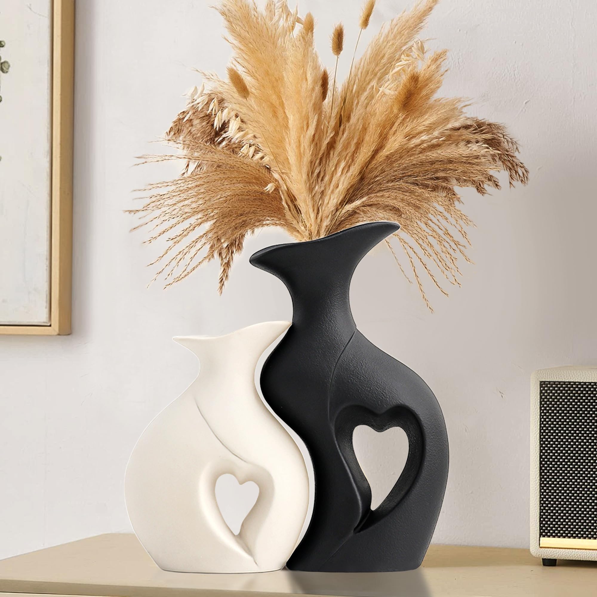 XL Black and White Vase Set of 2,Heart Shaped Ceramic Vases Home Decor,Minimalist Decorative Vases,Modern Home Decor for Wedding Dining Living Room Office Coffee Table Centerpiece