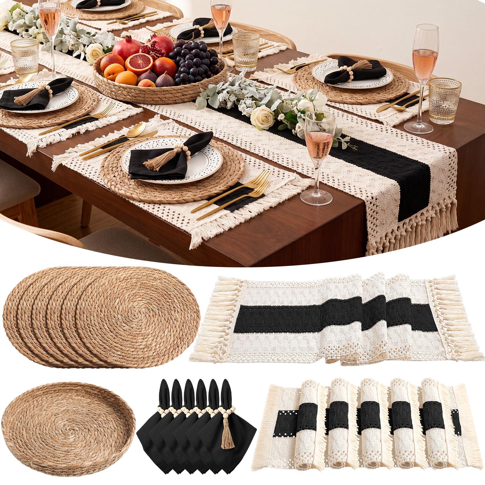 6 Sets Boho Decoration Placemats Round Woven Placemats, Cloth Napkins, Wood Bead Napkin Rings, Long Table Runner and Farmhouse Burlap Cotton for Table Kitchen (Khaki,12x72)