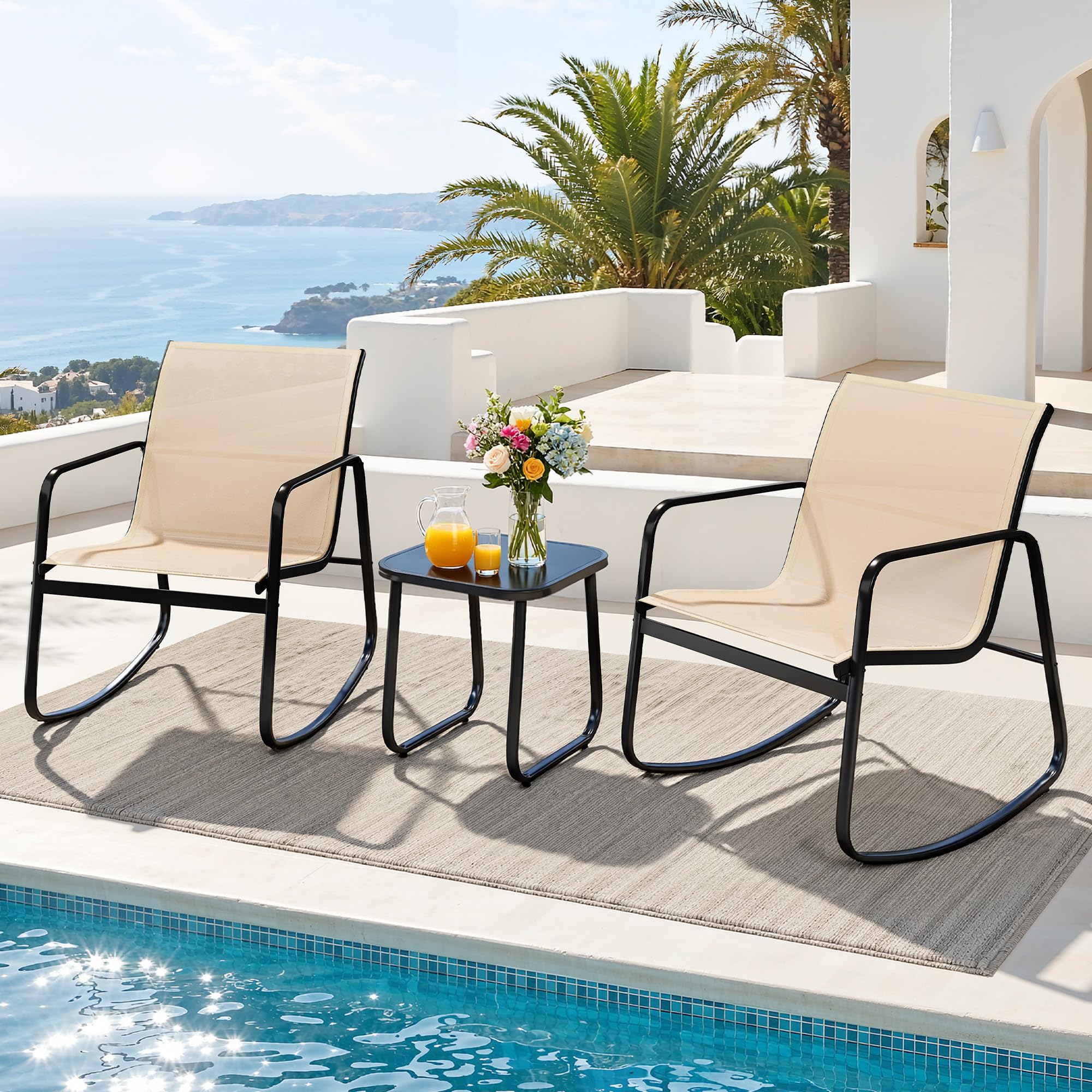 DWVO 3 Piece Patio Furniture Set, Durable Textilene Patio Set with Rocking Chairs Set of 2 & Tempered Glass Table for Garden, Balcony & Poolside, Black