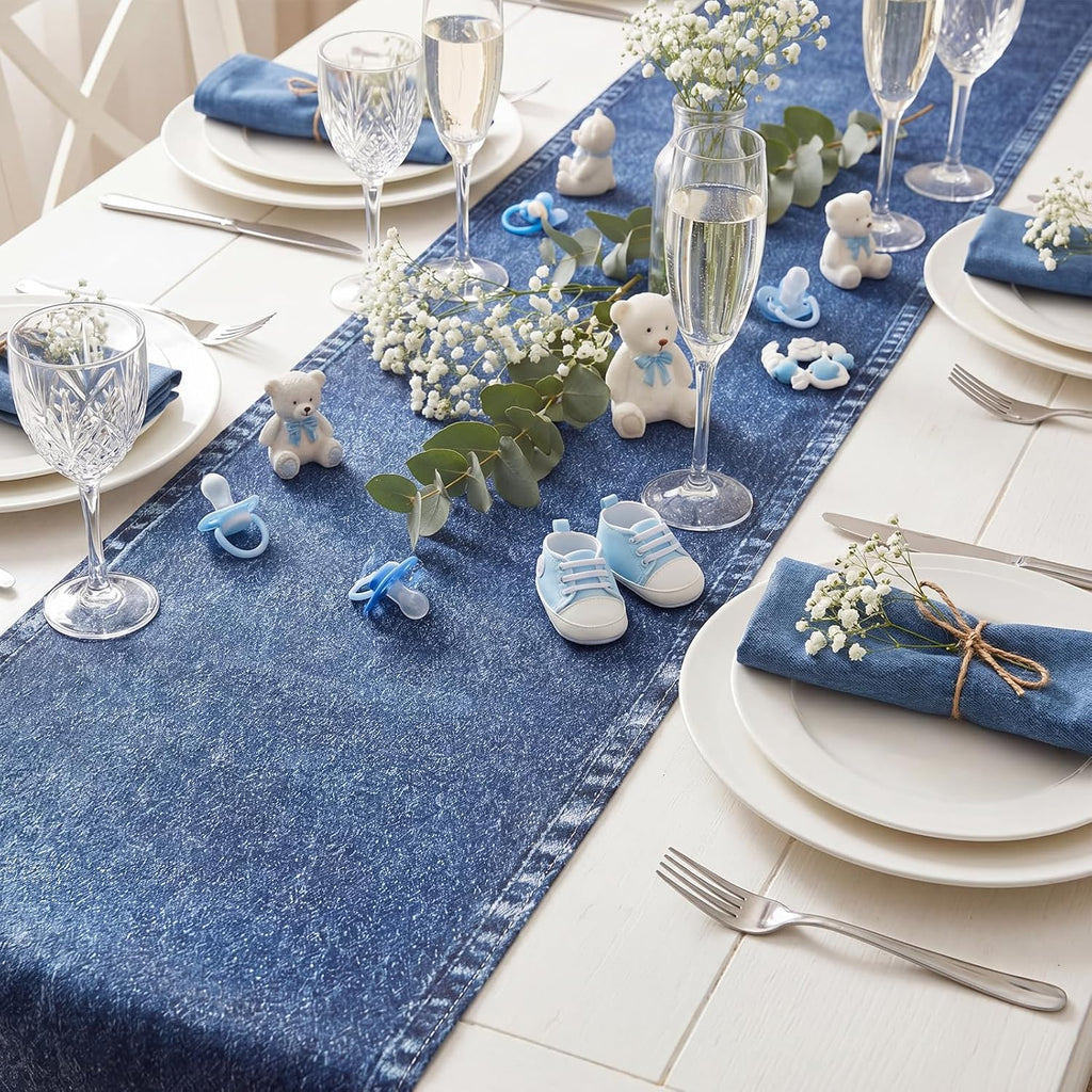 Mindsoft 10 Pcs Blue Jean Table Runners 13x72 Inches Blue Jean Baby Shower Decorations Denim Jeans Decorative Table Runners for Denim and Diamonds Bachelorette Engagement Wedding Decor Celebration
