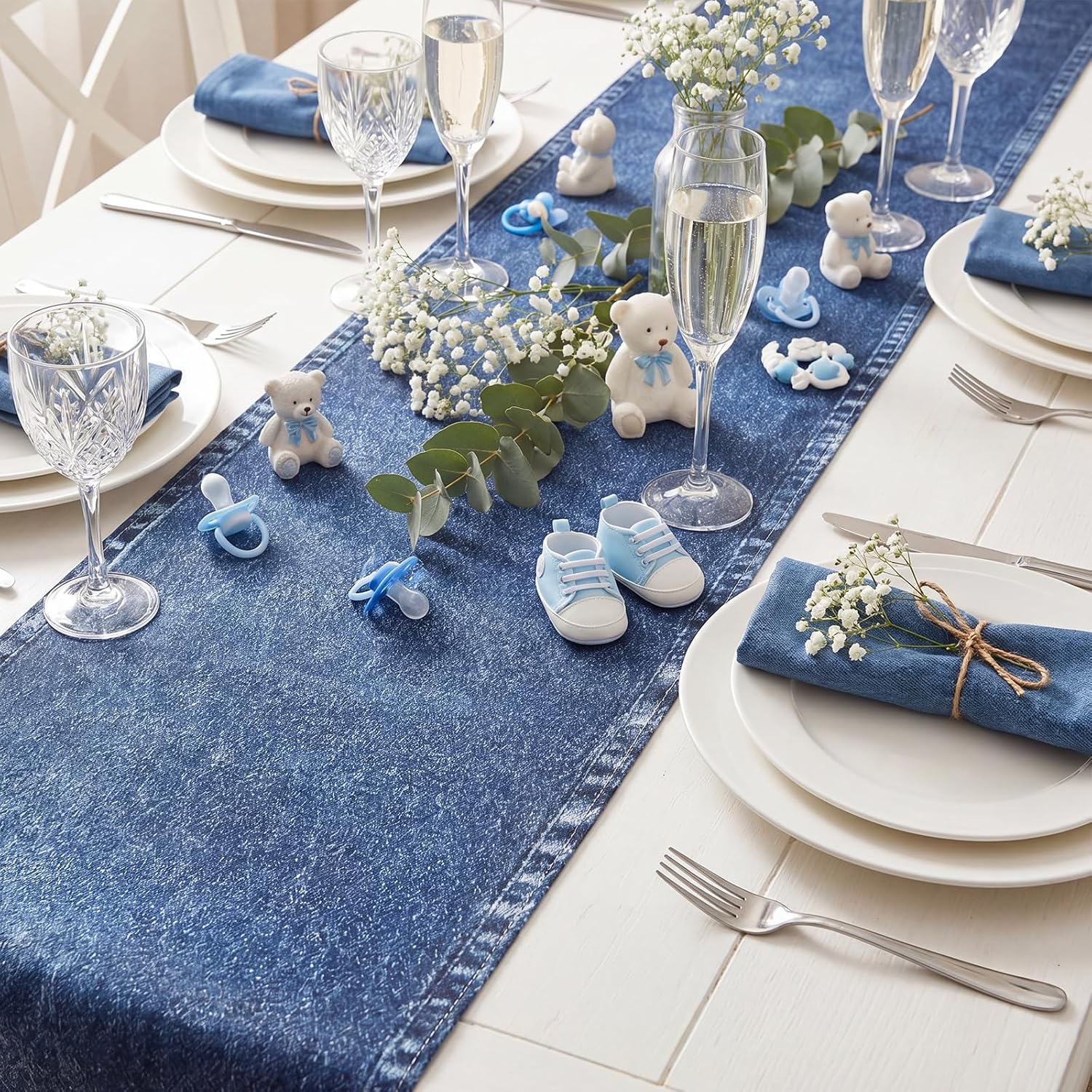 Mindsoft 10 Pcs Blue Jean Table Runners 13x72 Inches Blue Jean Baby Shower Decorations Denim Jeans Decorative Table Runners for Denim and Diamonds Bachelorette Engagement Wedding Decor Celebration