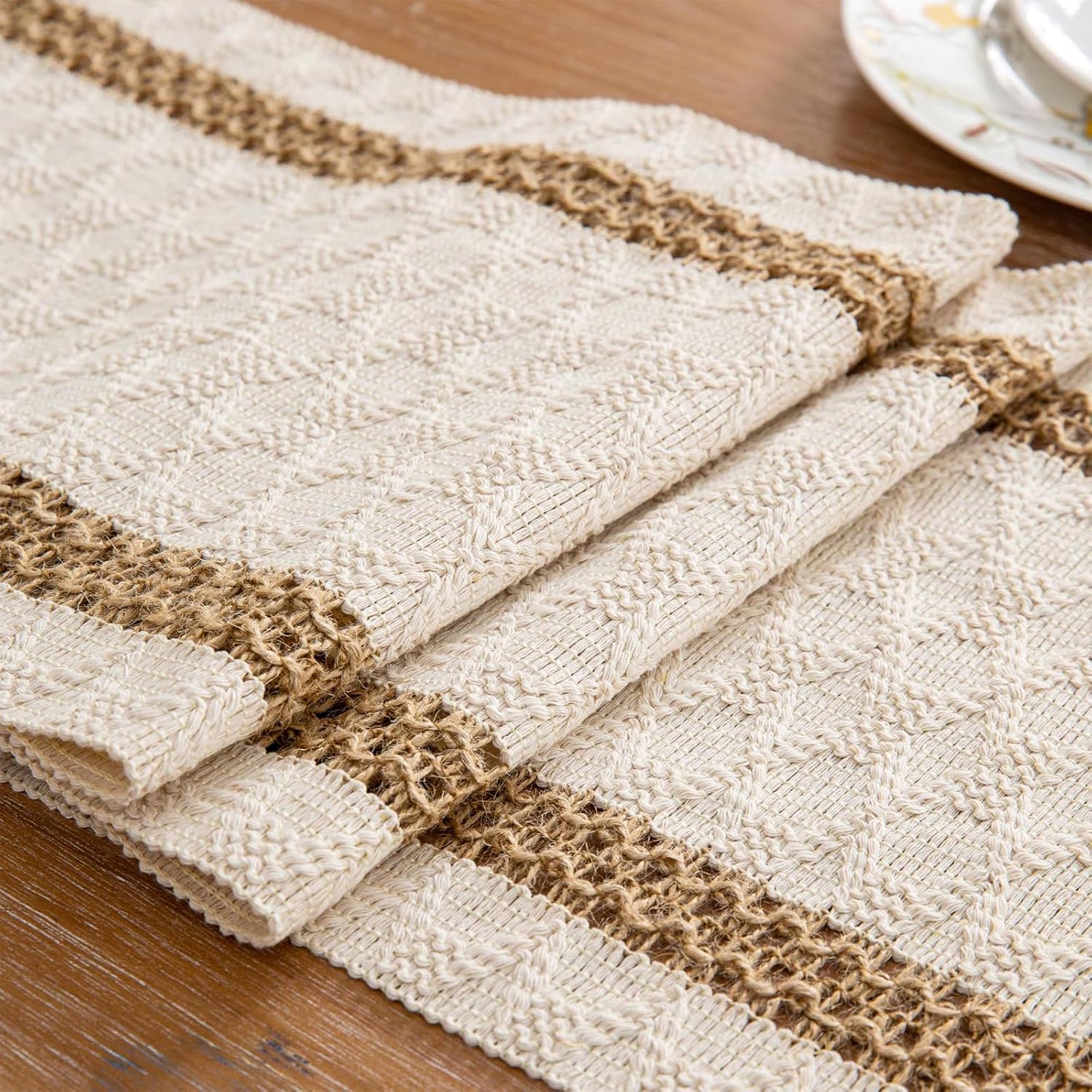 Niviy Boho Table Runner for Home Decor 144 Inches Long Farmhouse Macrame Table Runner Cotton Linen Woven Table Runners for Summer Dining Table Decoration, Beige & Brown