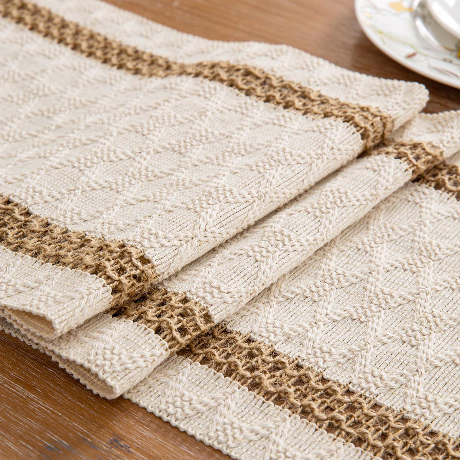 Niviy Boho Table Runner for Home Decor 144 Inches Long Farmhouse Macrame Table Runner Cotton Linen Woven Table Runners for Summer Dining Table Decoration, Beige & Brown