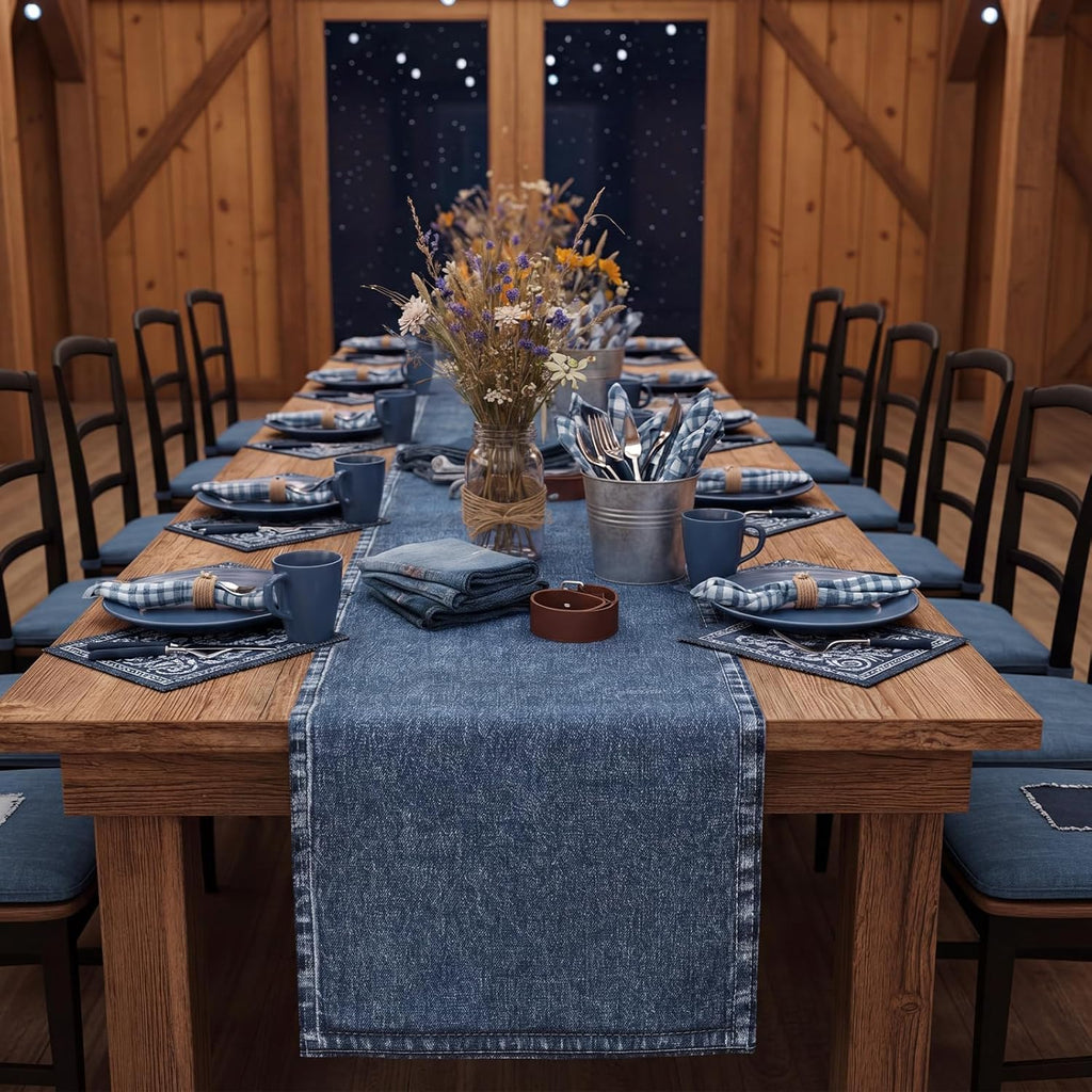 Mindsoft 10 Pcs Blue Jean Table Runners 13x72 Inches Blue Jean Baby Shower Decorations Denim Jeans Decorative Table Runners for Denim and Diamonds Bachelorette Engagement Wedding Decor Celebration