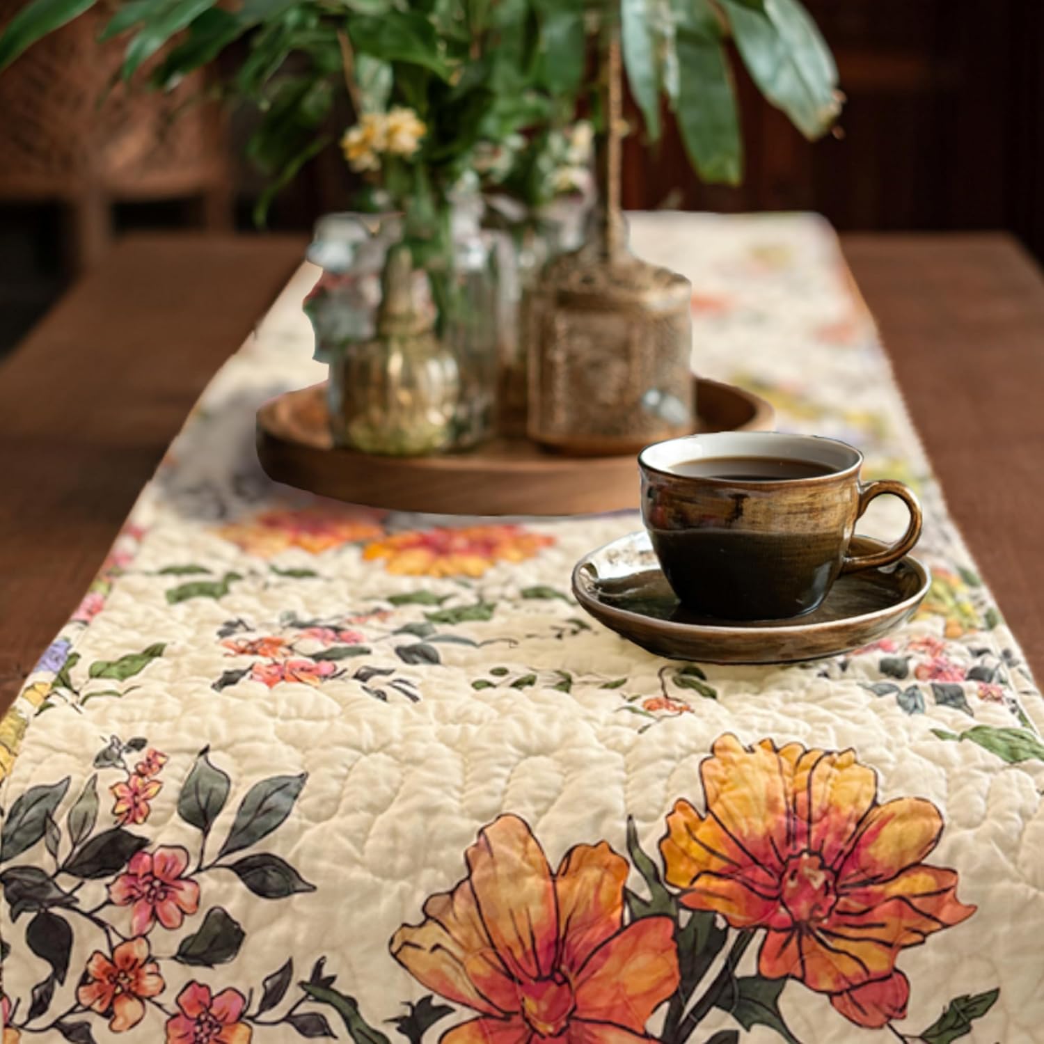 Quilted Cotton Patchwork Floral Table Runner – Reversible Vintage Farmhouse Table Runner, 13" x 72" for Dining Table, Coffee Table & Buffet