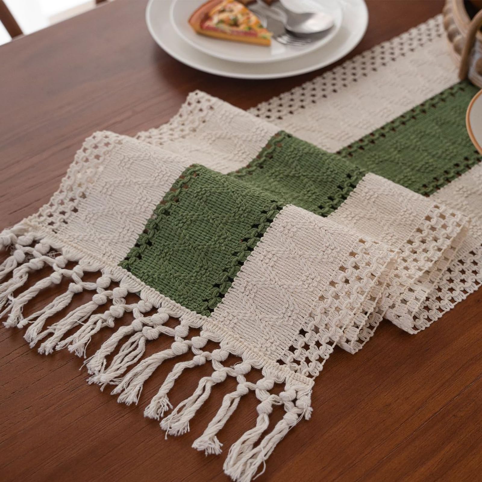 Niviy Boho Table Runner for Home Decor 144 Inches Long Farmhouse Macrame Table Runner Cotton Linen Woven Table Runners for Summer Dining Table Decoration, Beige & Brown