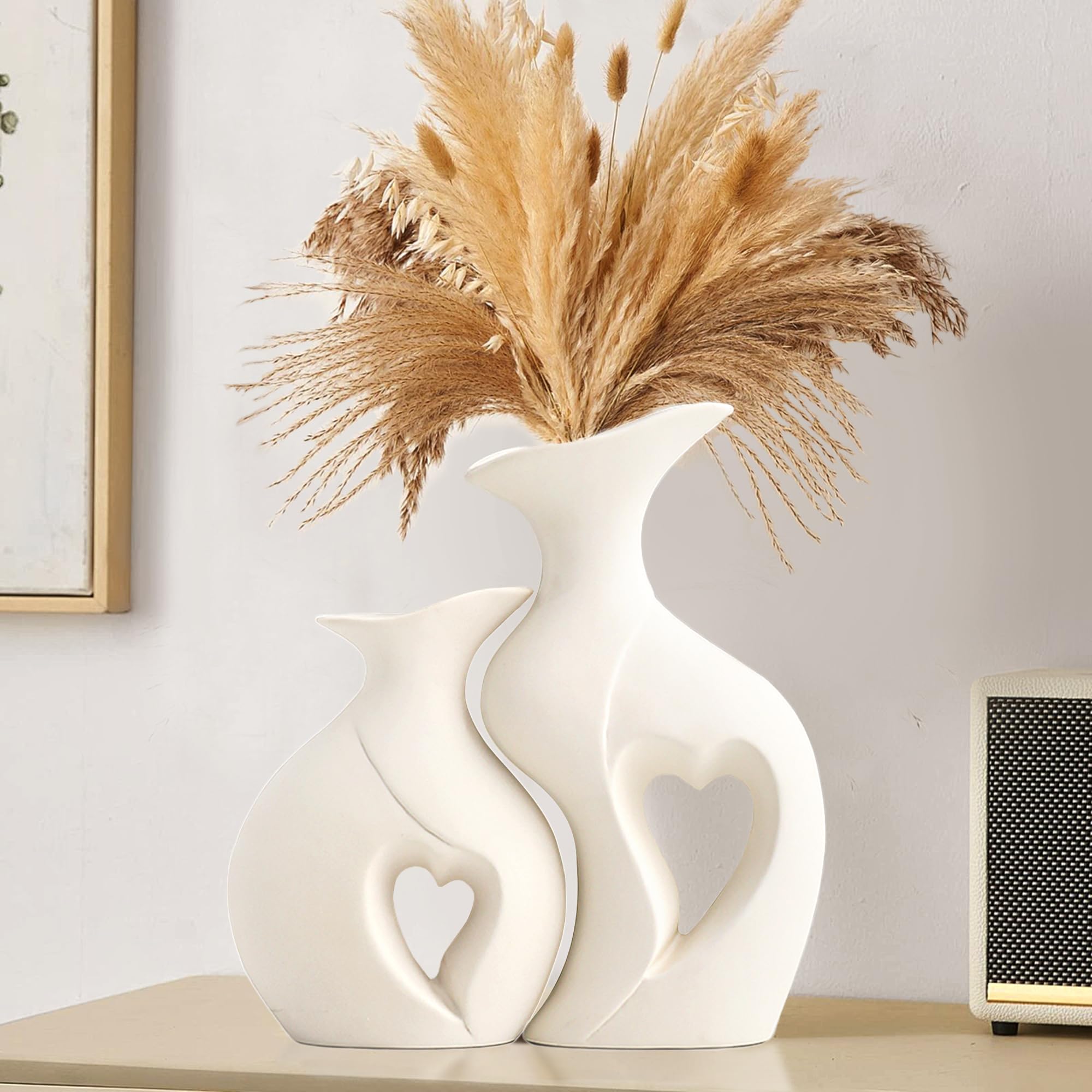 XL Black and White Vase Set of 2,Heart Shaped Ceramic Vases Home Decor,Minimalist Decorative Vases,Modern Home Decor for Wedding Dining Living Room Office Coffee Table Centerpiece