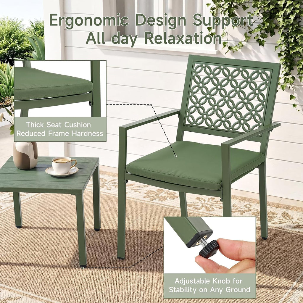 3-Piece Outdoor Bistro Set, Stackable Metal Steel Outdoor Table and Chairs, Waterproof Rustproof Patio Furniture Conversation Set for Porch Garden Balcony Backyard, Sage Green