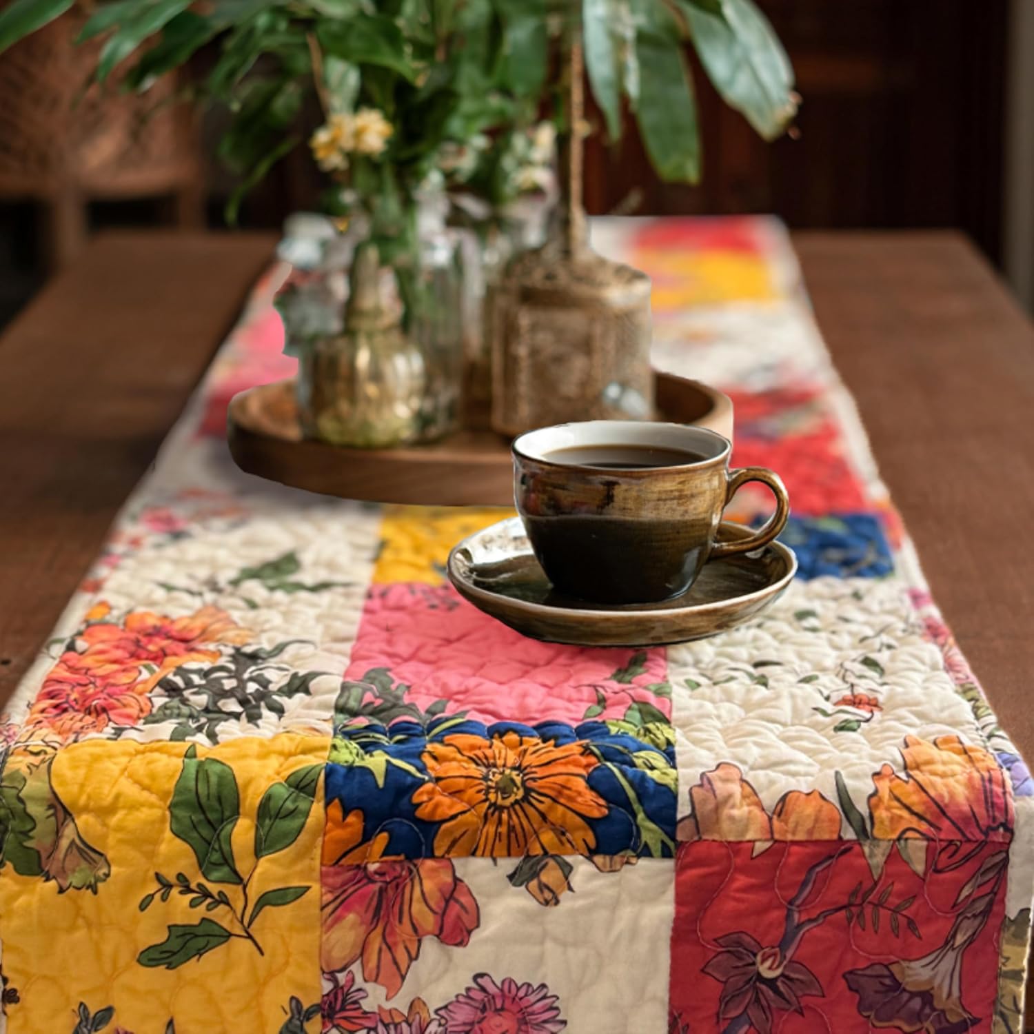 Quilted Cotton Patchwork Floral Table Runner – Reversible Vintage Farmhouse Table Runner, 13" x 72" for Dining Table, Coffee Table & Buffet